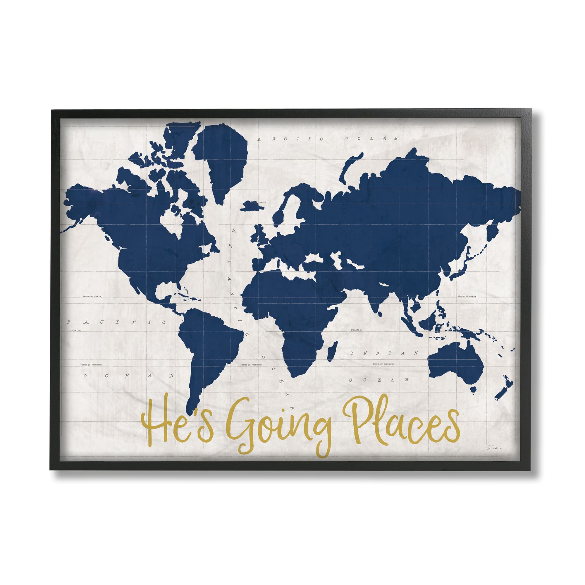 Stupell Industries He&#x27;s Going Places Blue World Map Black Framed Wall Art