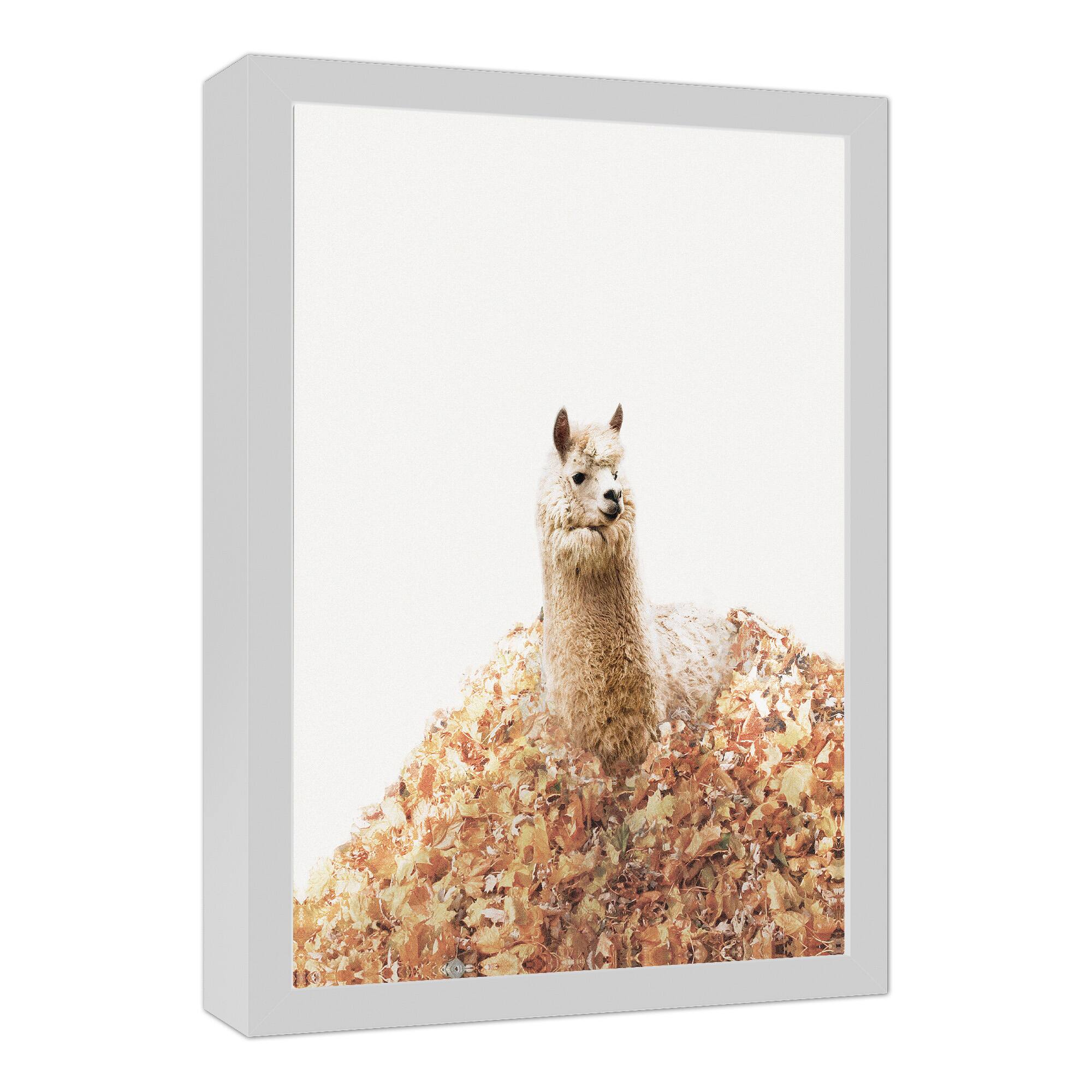 Leafy Llama Pile White Framed Canvas
