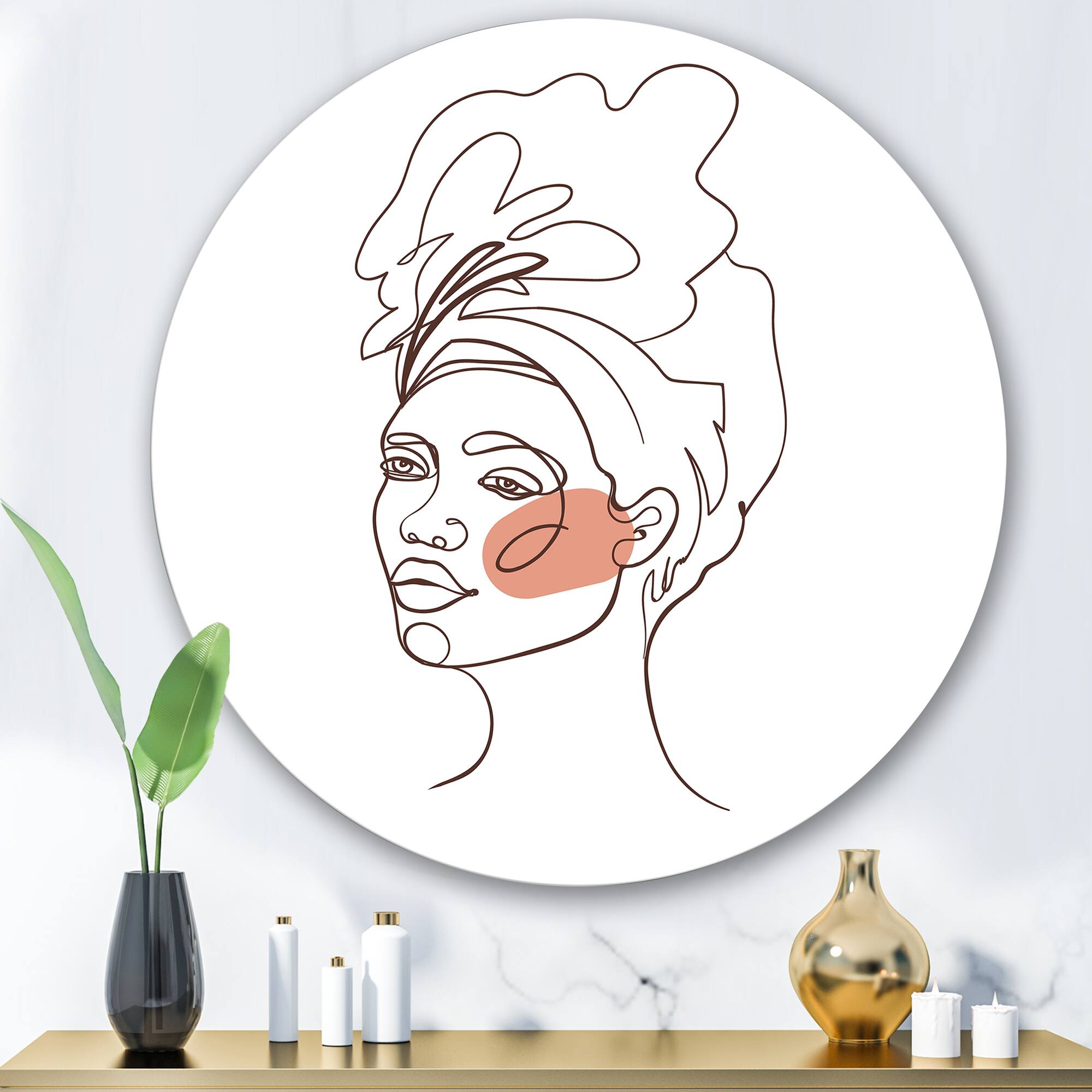 Designart - One Line Portrait of African American Woman III - Modern Metal Circle Wall Art