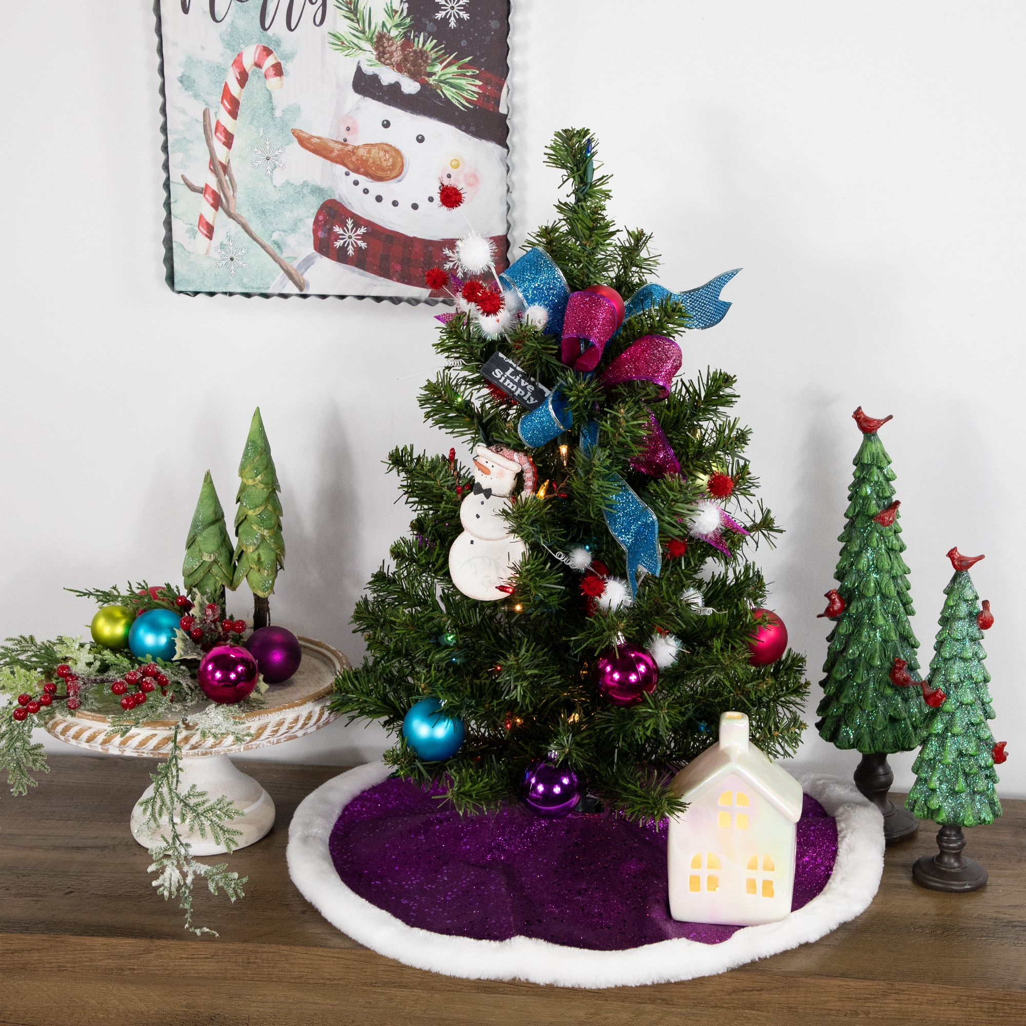 20&#x22; Purple Glittered Mini Christmas Tree Skirt with Faux Fur Trim