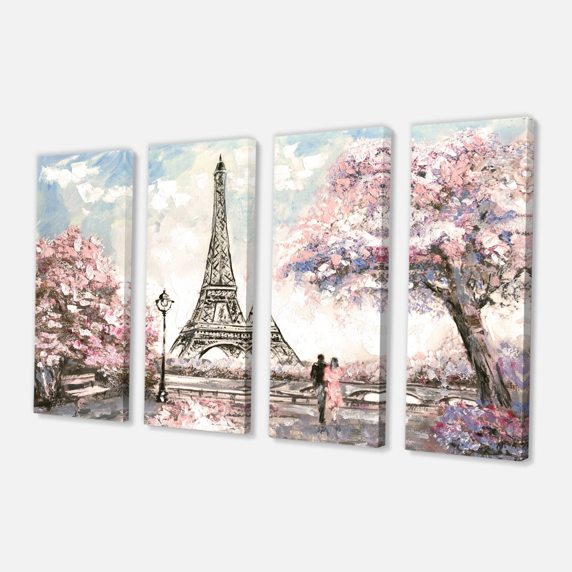 Designart - Eiffel with Pink Flowers - Landscape Canvas Art Print