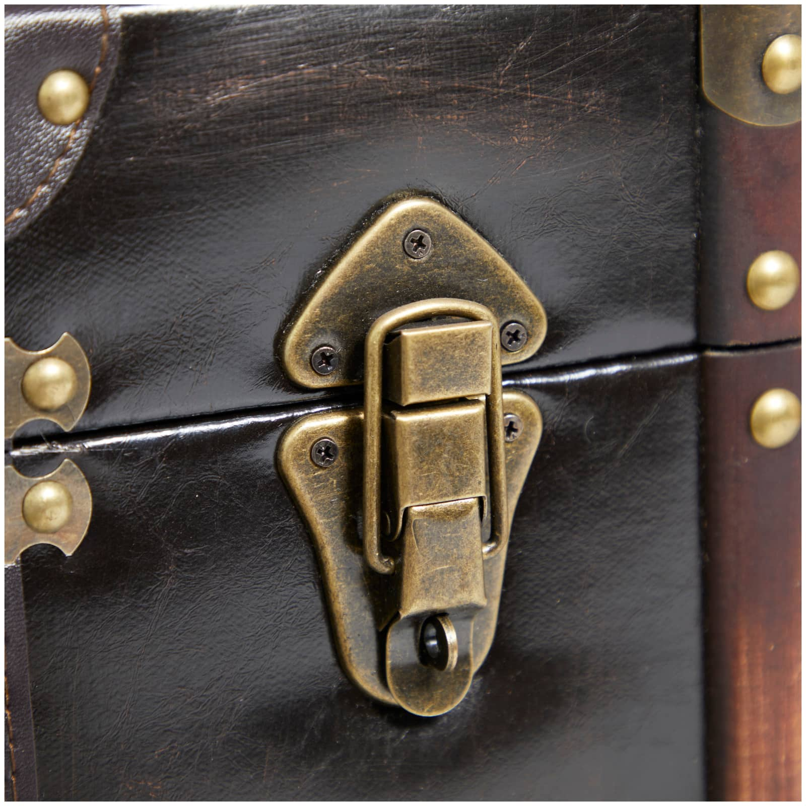 Dark Brown Faux Leather Studded Trunk with Latches &#x26; Handles Set