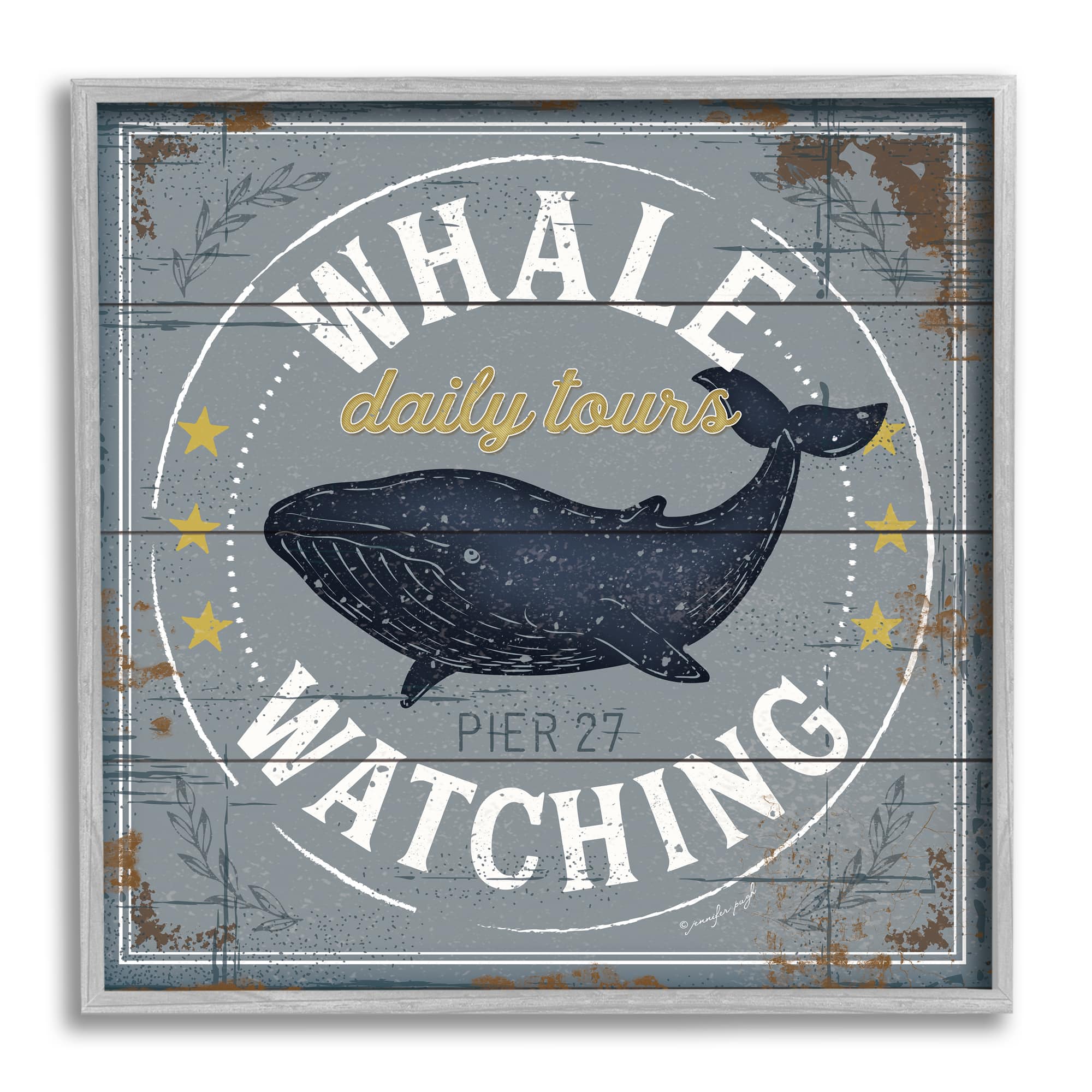 Stupell Industries Whale Watching Tours Sign Rustic Blue Marine Life in Gray Frame Wall Art