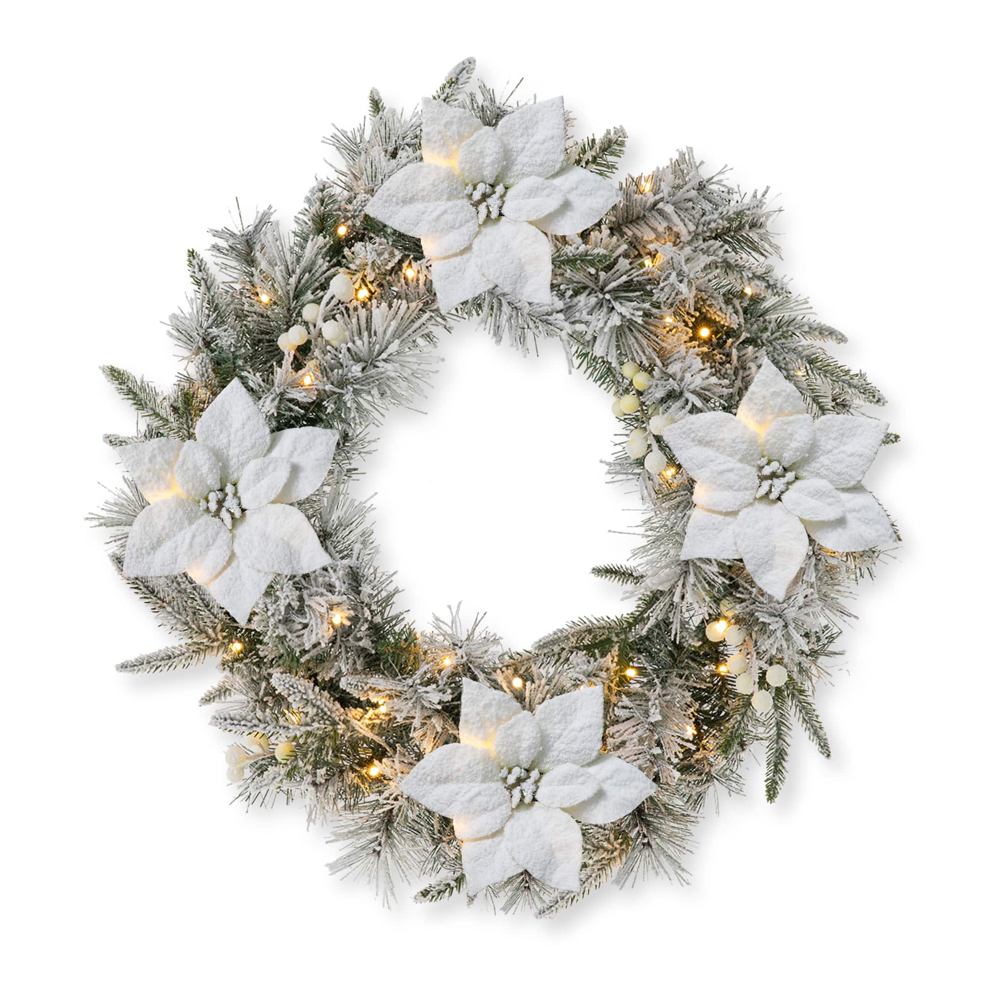 Glitzhome® 24" Pre-Lit Snow Flocked Greenery Pine Poinsettia Christmas Wreath