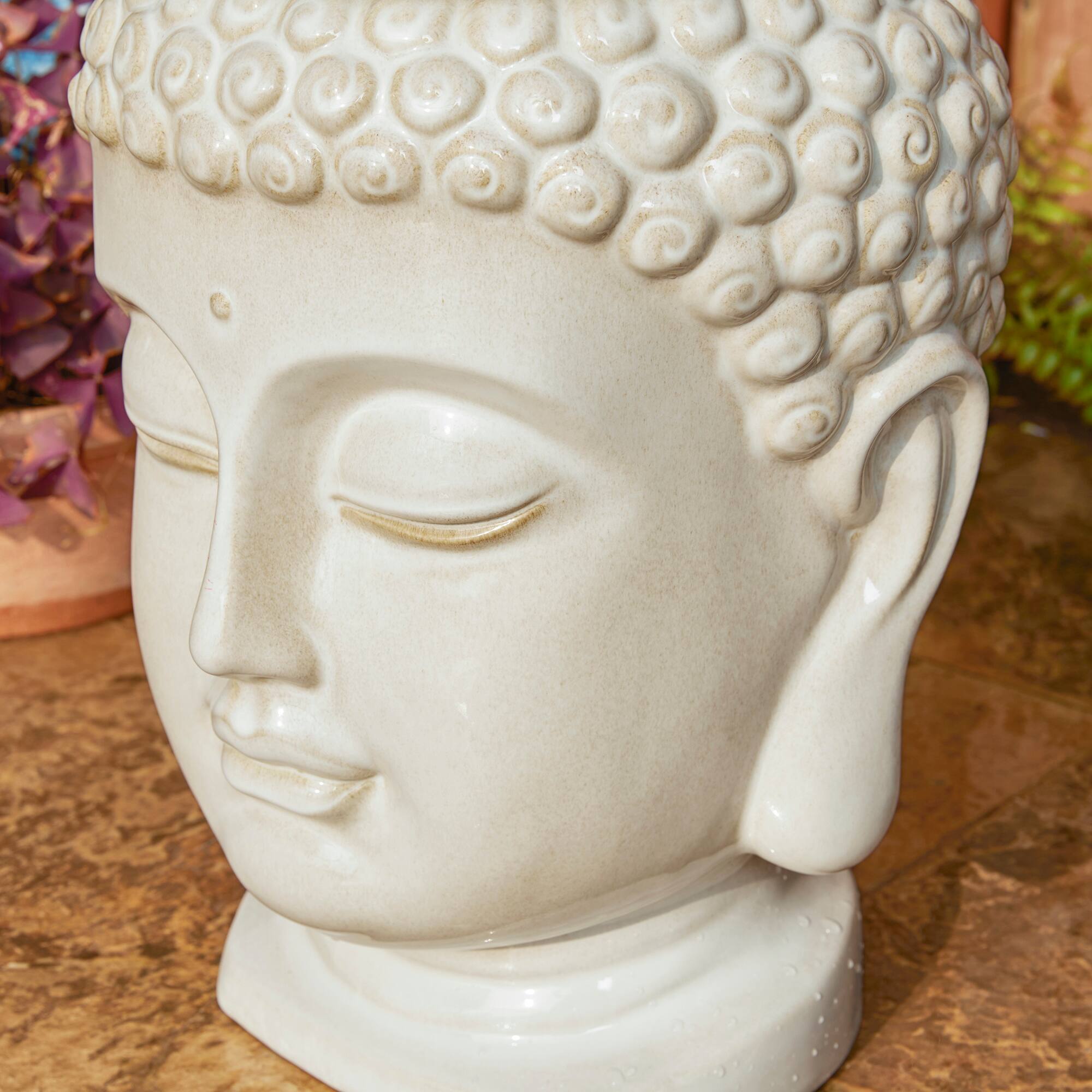 Glitzhome&#xAE; 18.75&#x22; Zen-Style LED Buddha Head Ceramic Outdoor Fountain