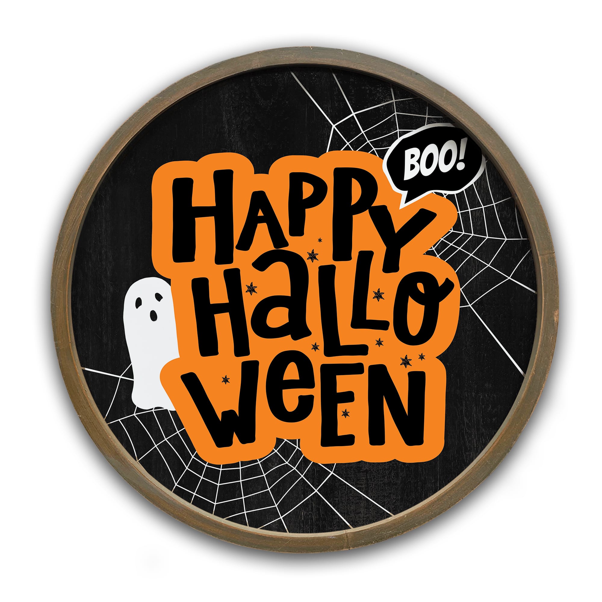 Happy Halloween Typography 20" x 20" Round Brown Framed Print