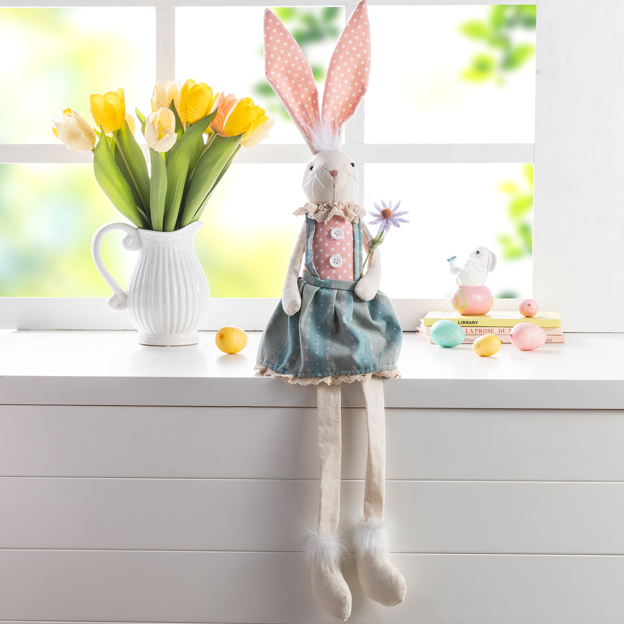 Glitzhome® 29.5" Easter Fabric Girl Bunny with Dangling Legs Figurine