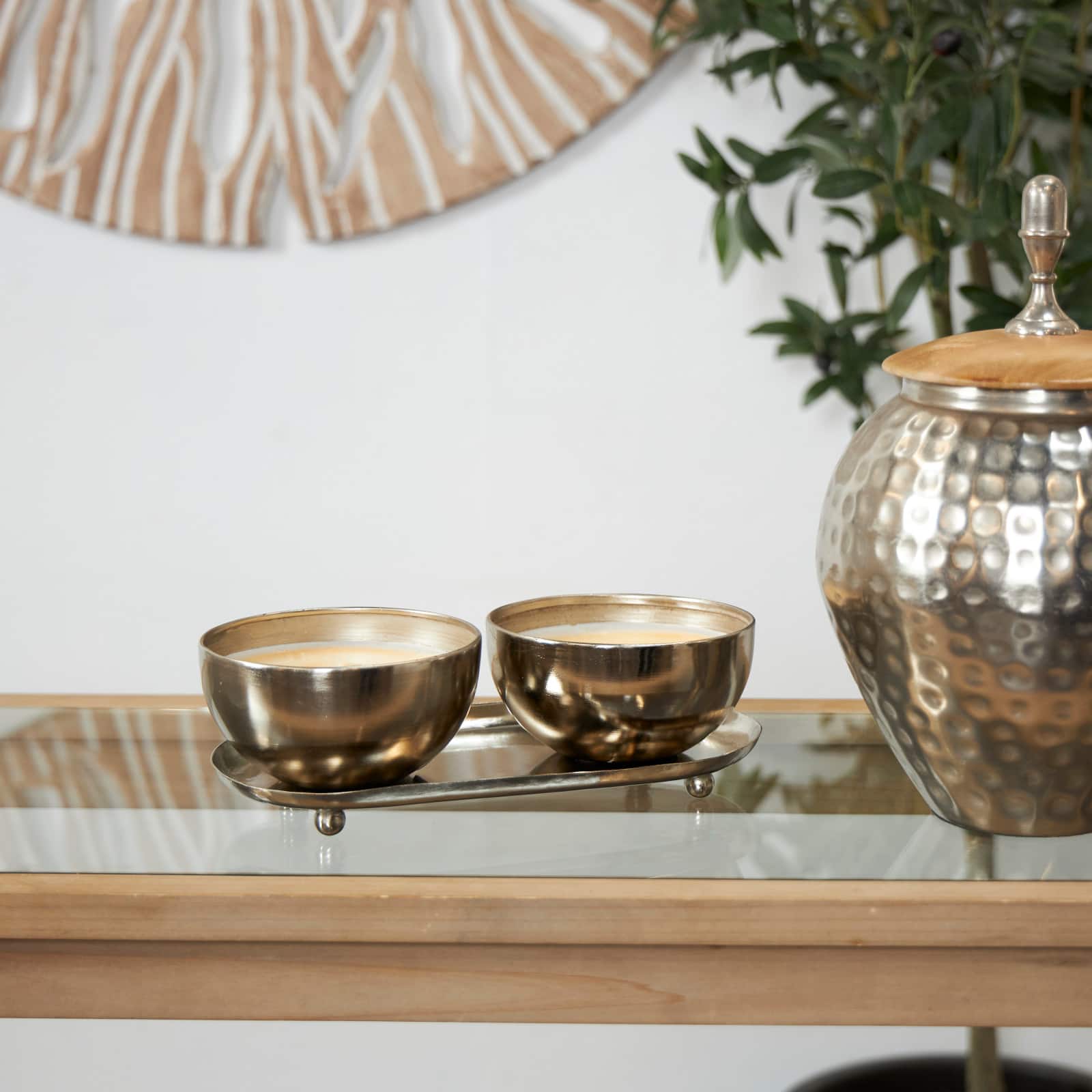 Jasmine Scented 2-Wick Candles in Silver Bowls Set