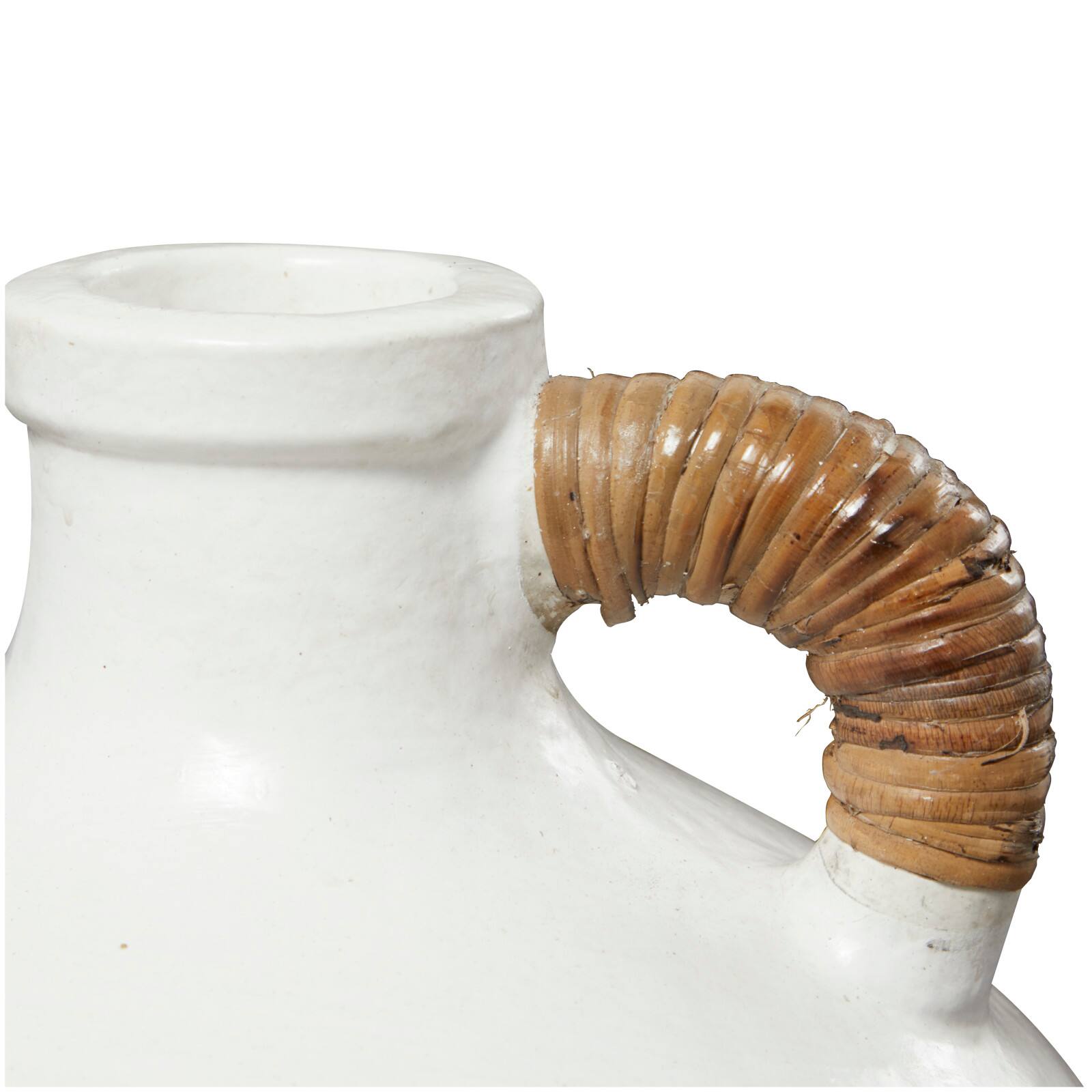 13&#x22; White Ceramic Jug Inspired Vase with Rattan Wrapped Handle