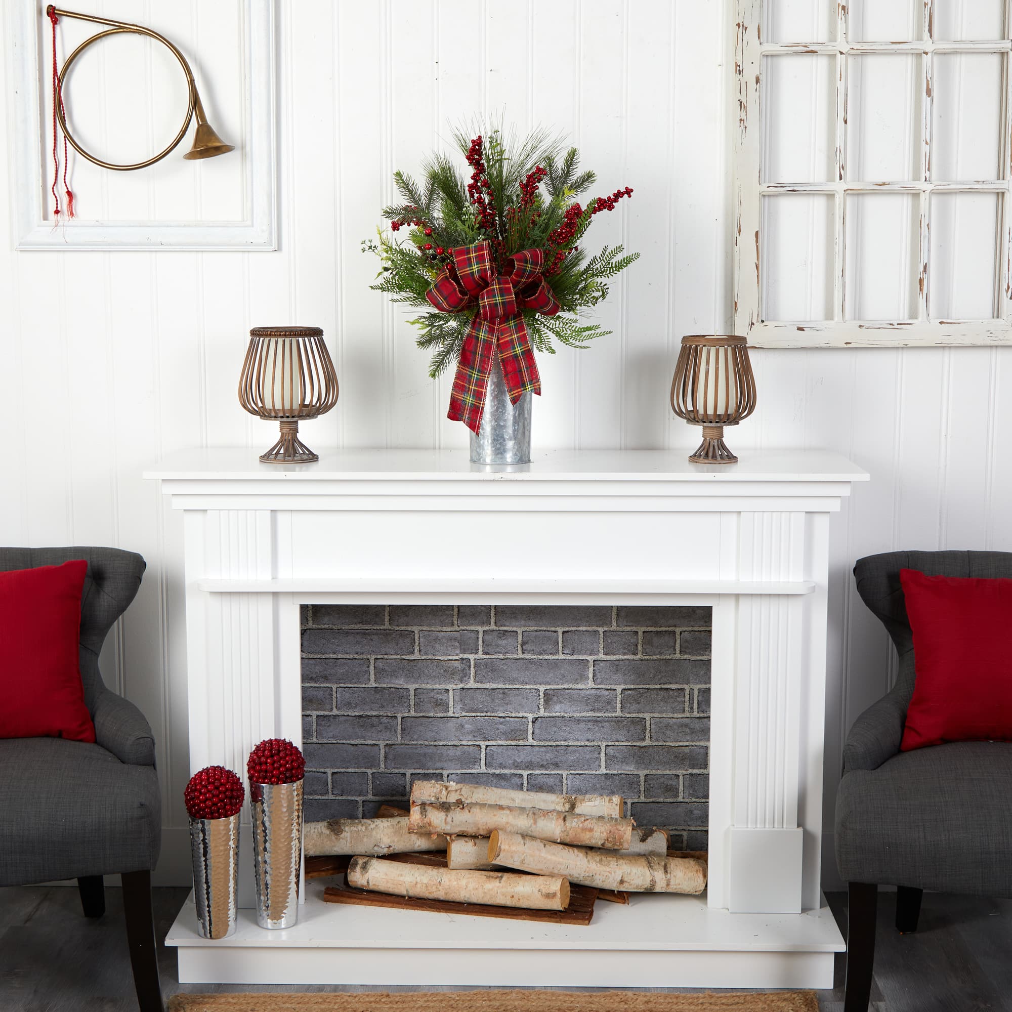 28" Holiday Winter Greenery, Berries & Plaid Bow Artificial Christmas Arrangement