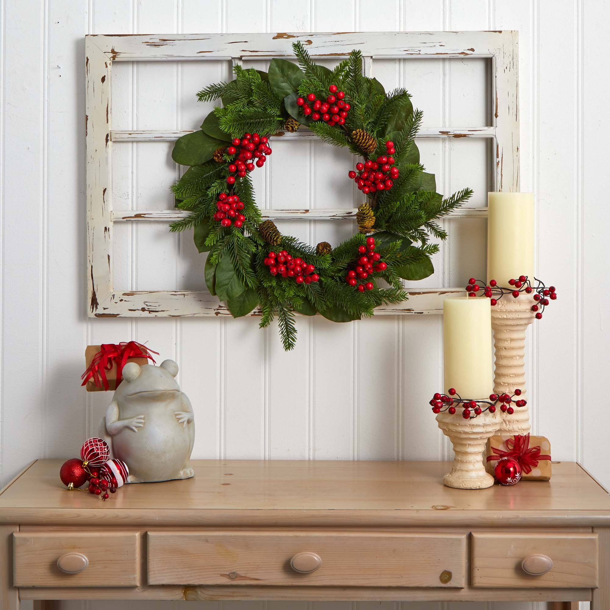 24&#x22; Magnolia Leaf, Berry &#x26; Pine Artificial Wreath