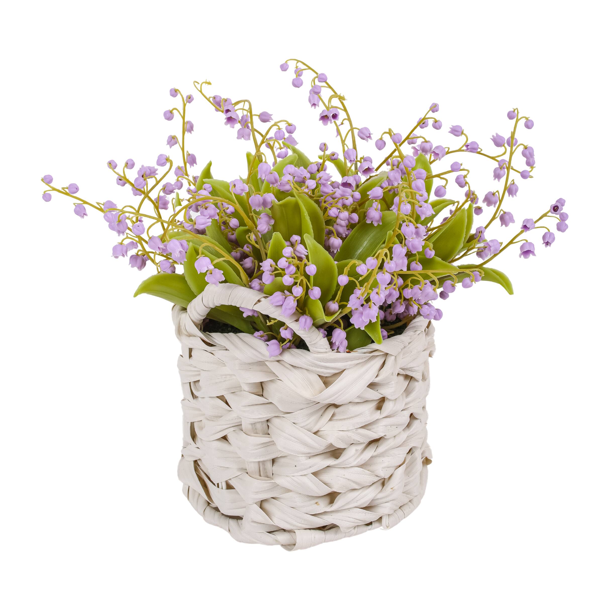 11" Lily-Of-The-Valley Flowers In White Basket