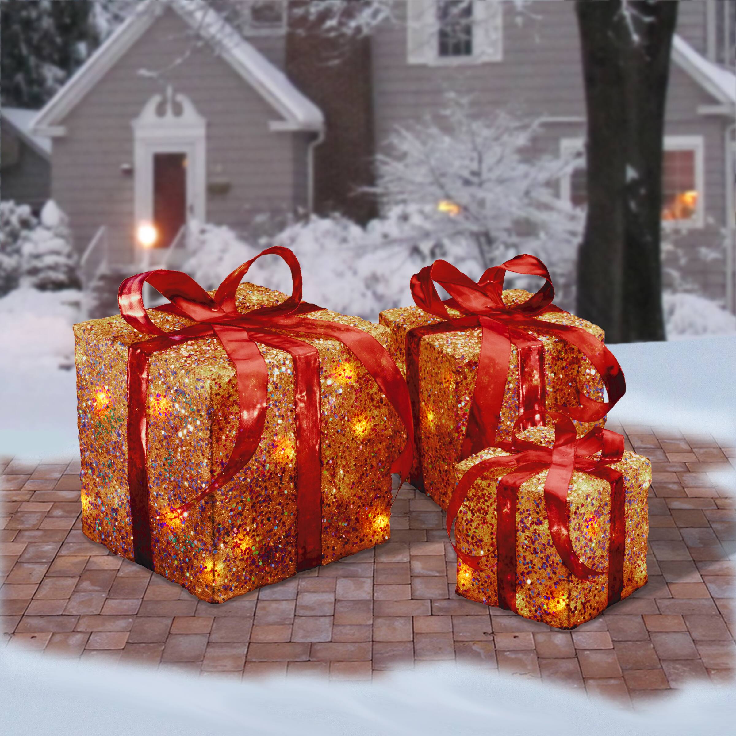 Holiday Gold &#x26; Red Sisal Gift Box Set Clear Lights