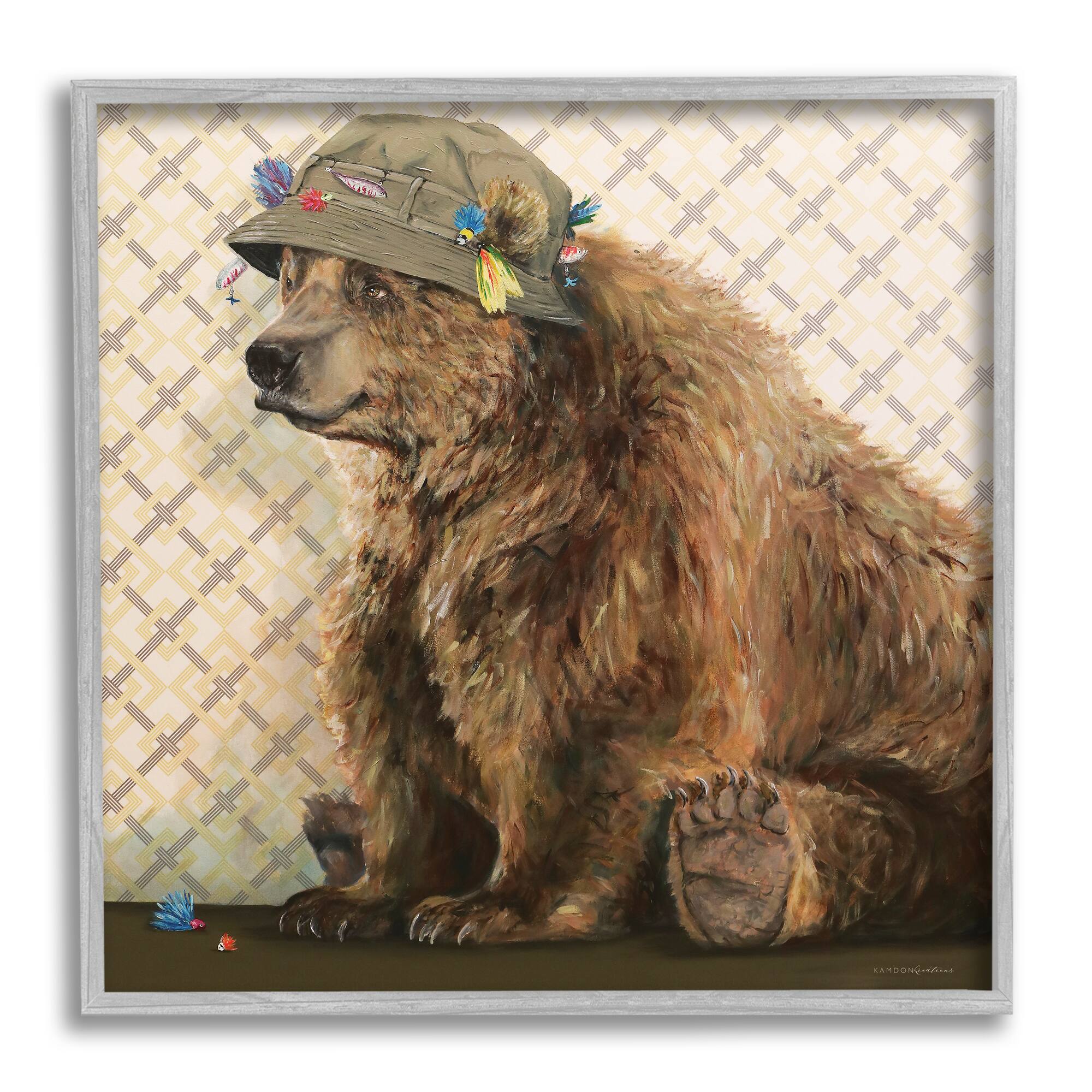 Stupell Industries Rustic Brown Bear Wearing Fisherman's Hat Geometric Pattern Framed Wall Art