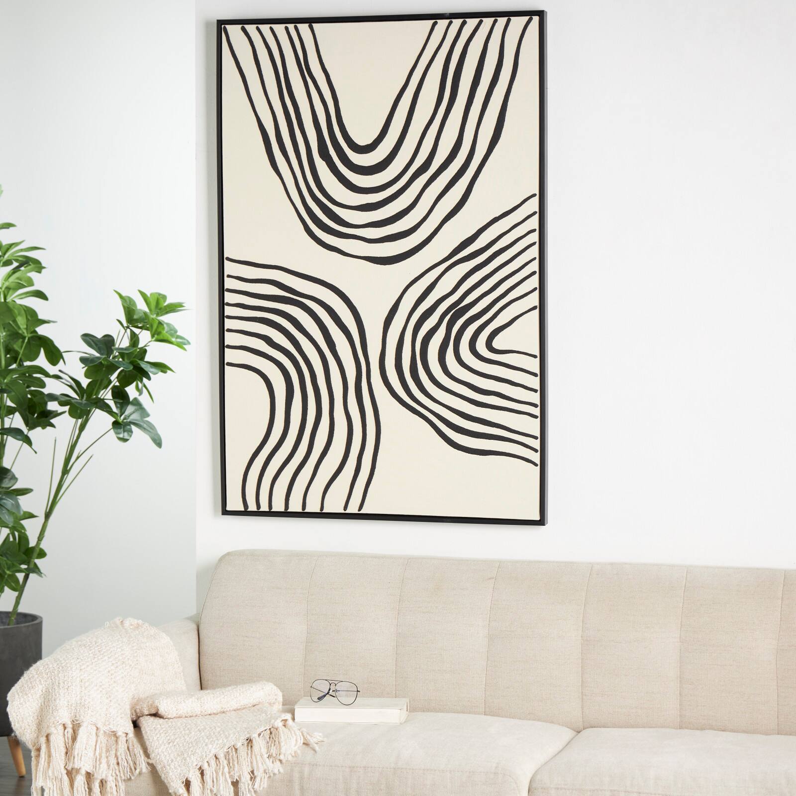 Black Wooden Abstract Wavy Line Framed Wall Art with Black Wooden Frame