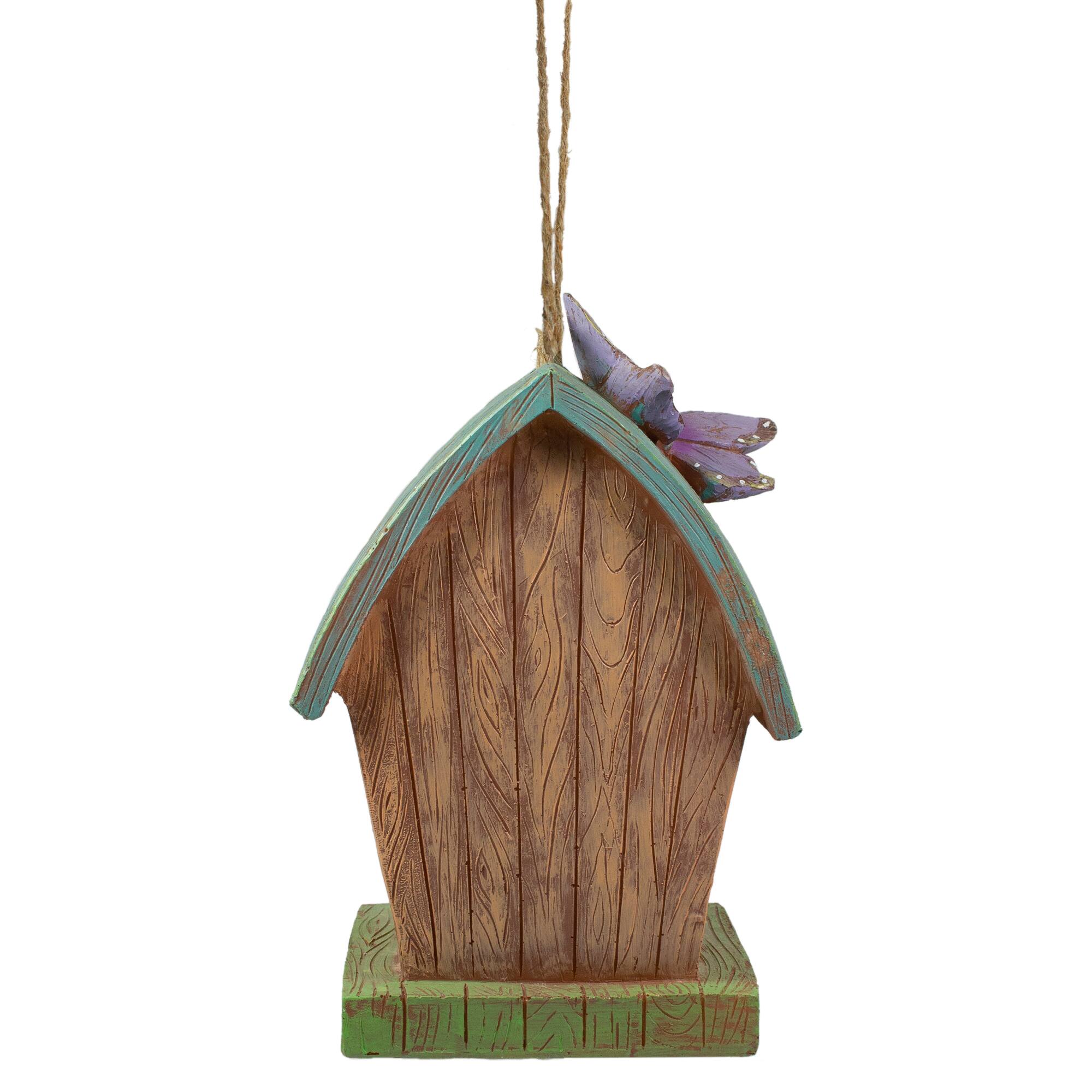 10&#x22; Brown &#x26; Green Hanging Birdhouse With Butterflies Outdoor Garden D&#xE9;cor