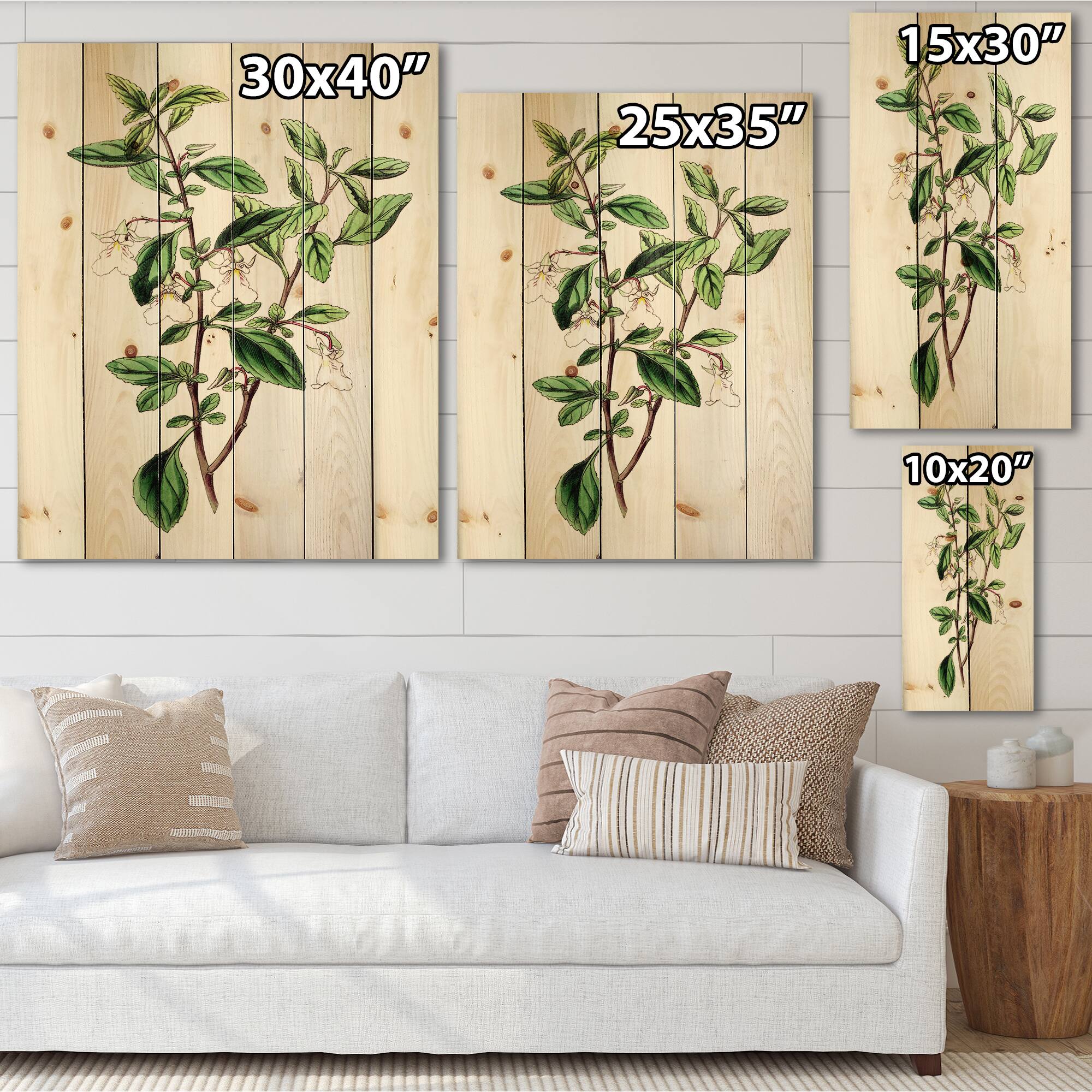 Designart - Vintage Green Leaves Plants VII - Traditional Print on Natural Pine Wood