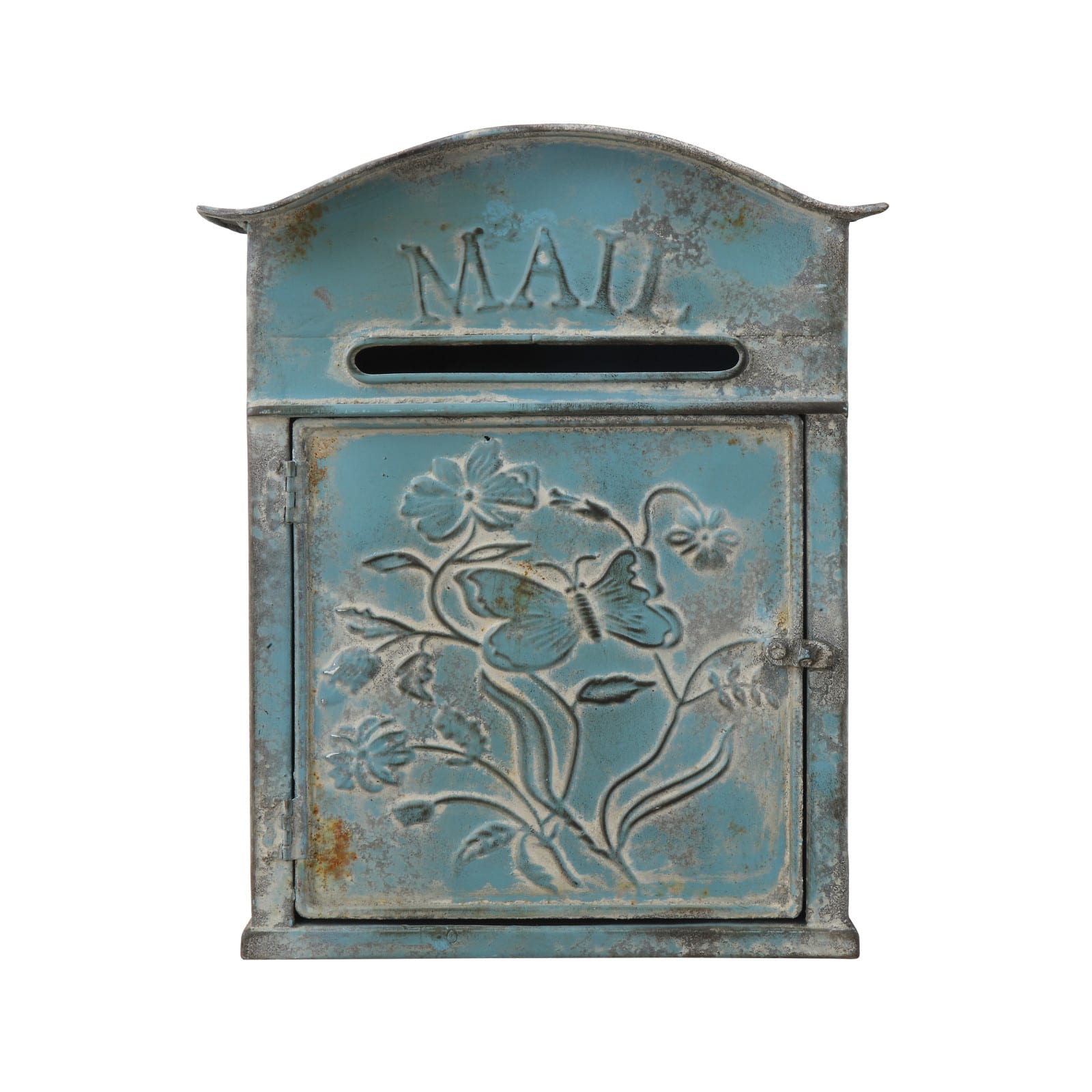 Hello Honey® 12" Distressed Blue Embossed Tin Mail Box