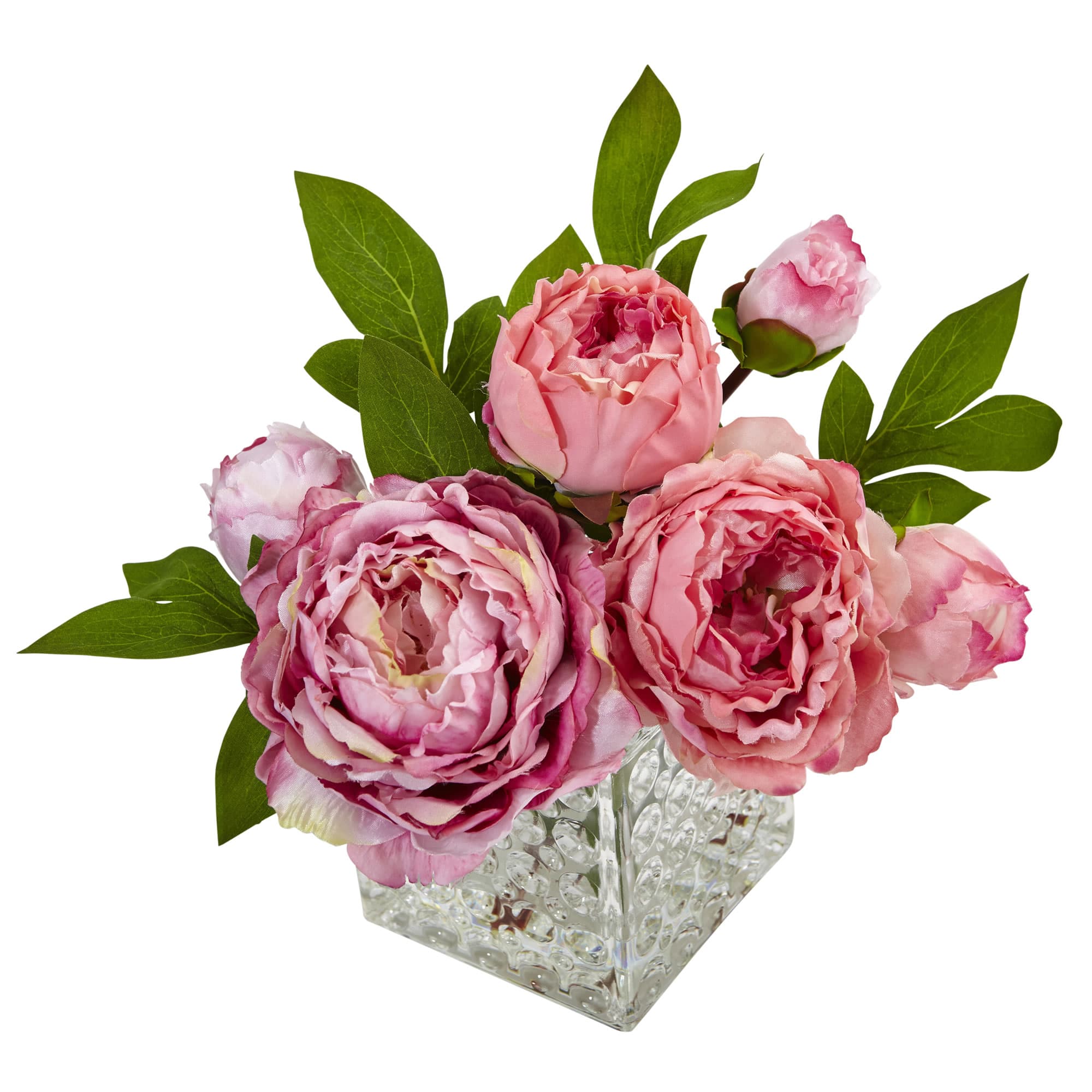 8.5&#x22; Pink Peony In Square Textured Glass Vase