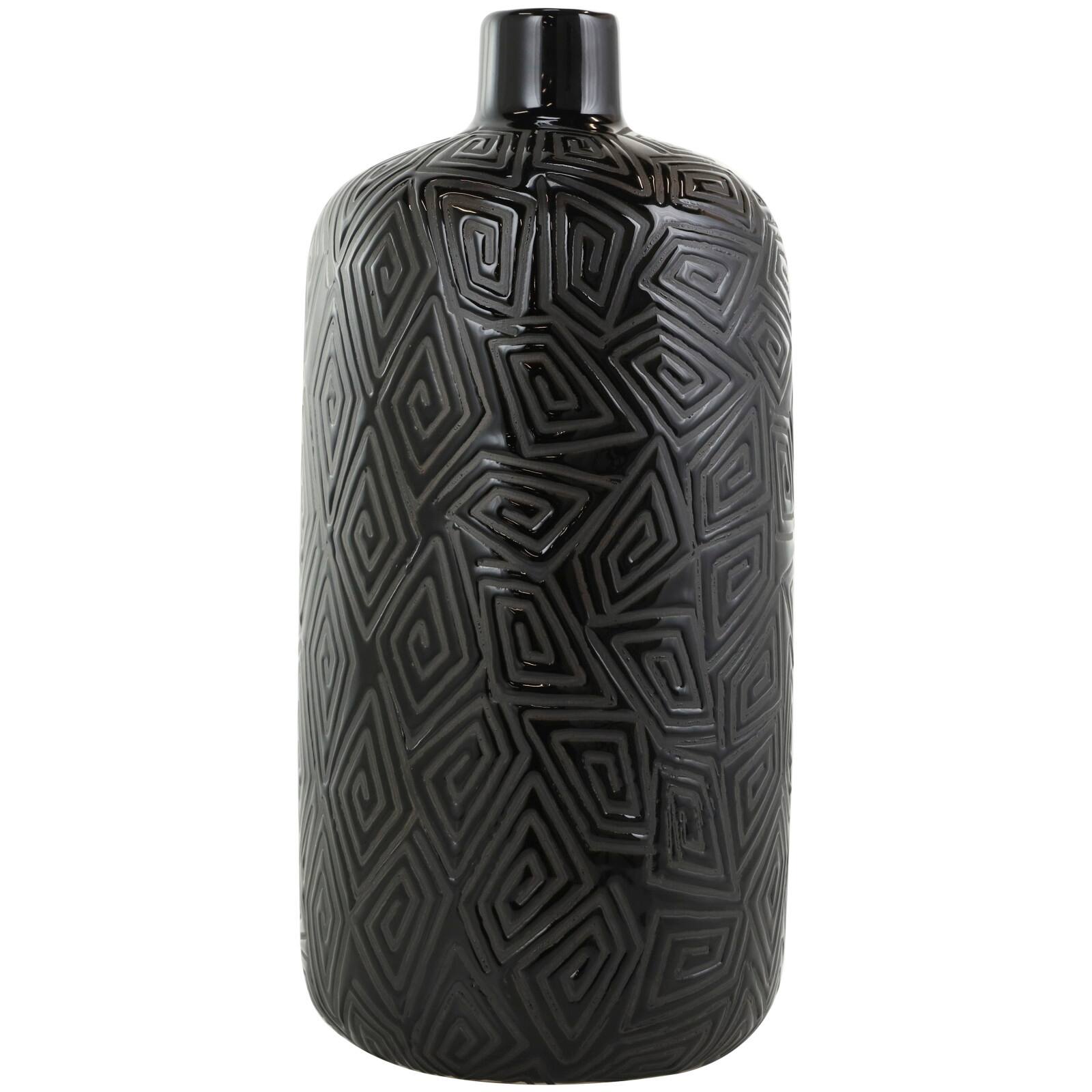 15" Black Geometric Etched Ceramic Vase