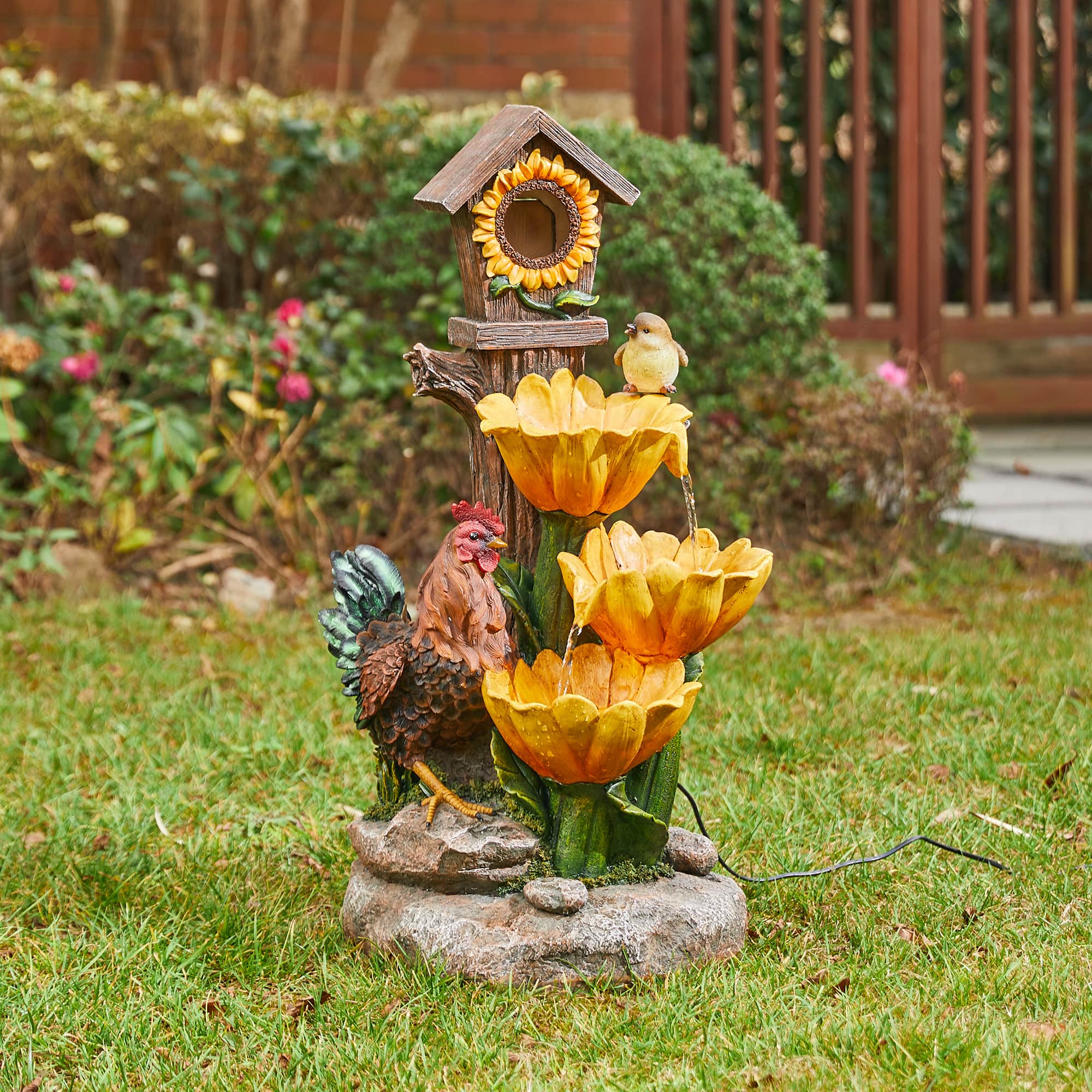 Glitzhome&#xAE; 28.5&#x22; Farmhouse Sunflowers &#x26; Birdhouse Outdoor Fountain