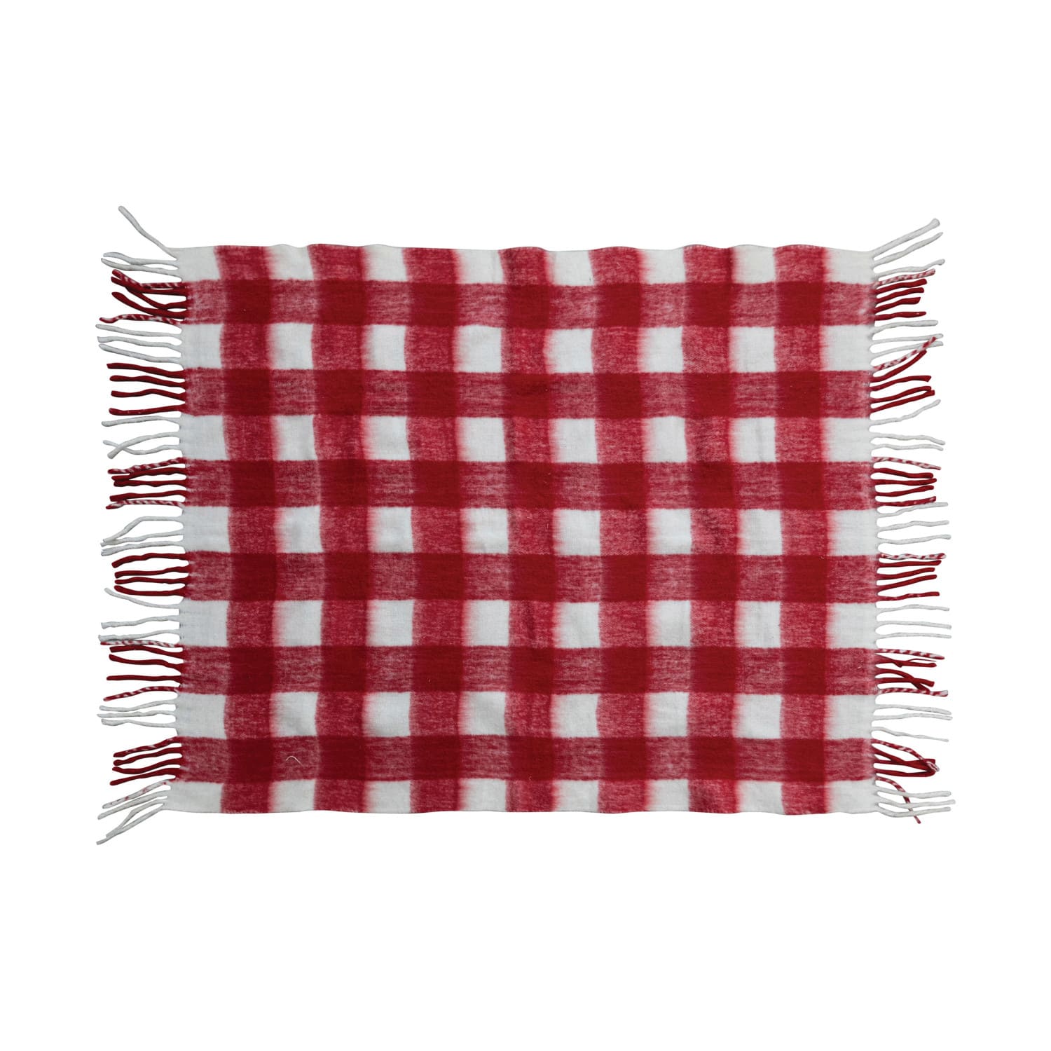 Red &#x26; White Plaid Woven Acrylic Throw with Fringe