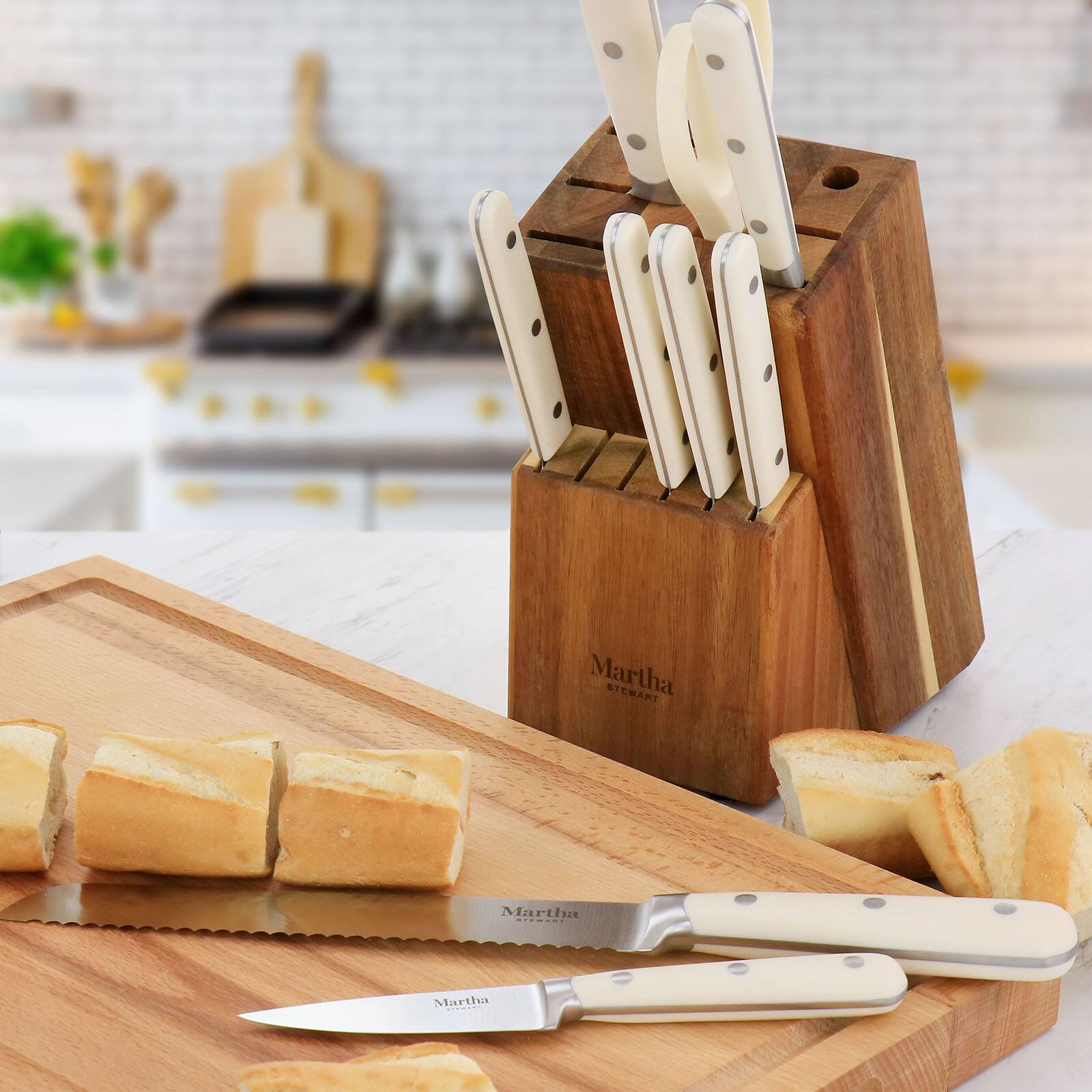 Martha Stewart Stainless Steel 14 Piece Cutlery And Knife Block Set In  Cream