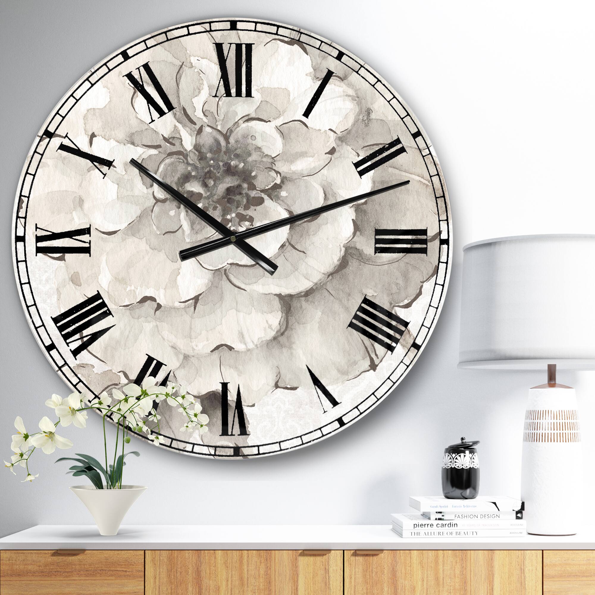 Designart Indigold Grey Peonies II Traditional Wall Clock