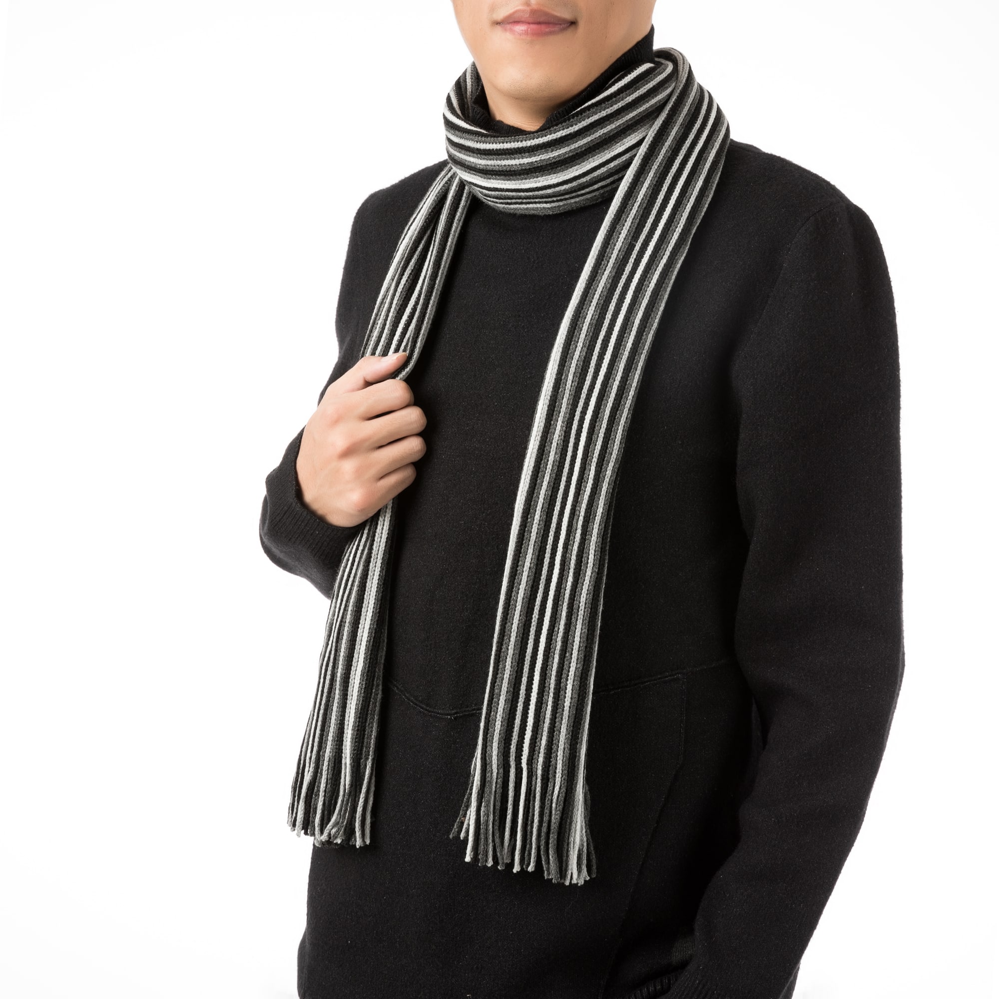 Glitzhome® 70" Men's Black & White Striped Scarf with Tassels