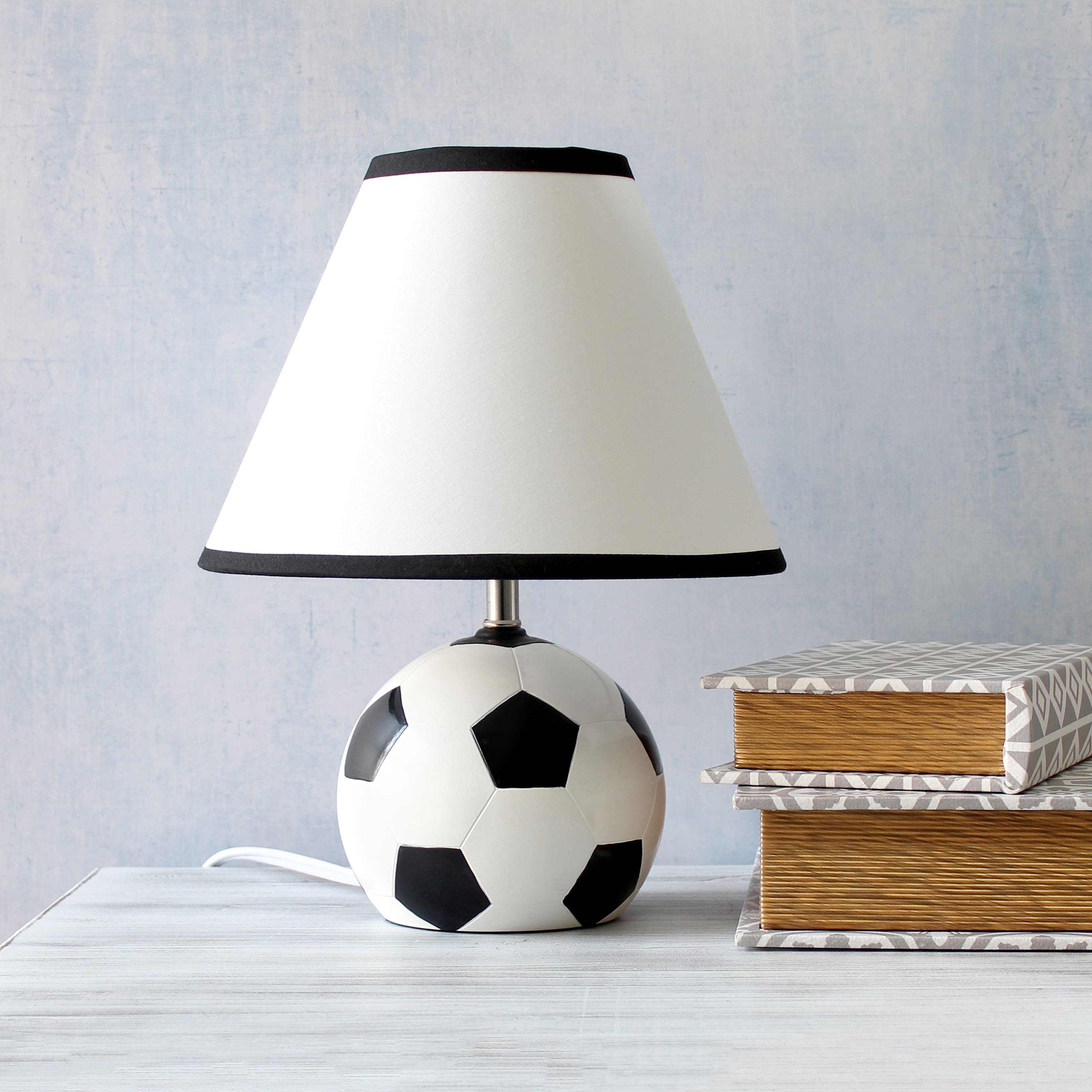 Simple Designs&#x2122; 11.5&#x22; Soccer Ball Base Table Lamp with White Shade Black Trim