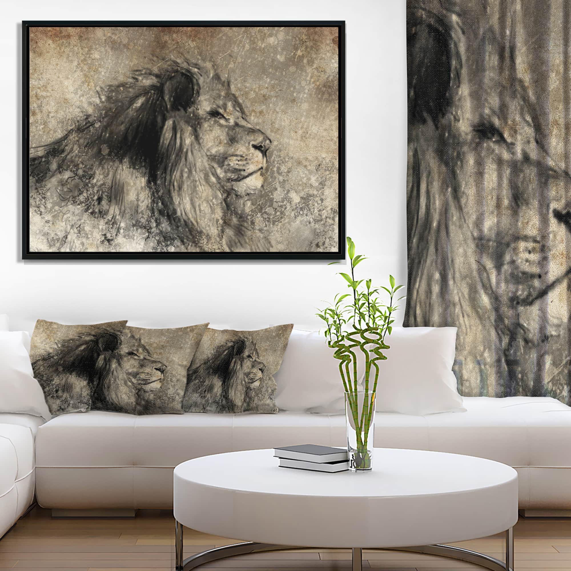 Designart - Lion in Sepia - Animal Framed Canvas Art Print
