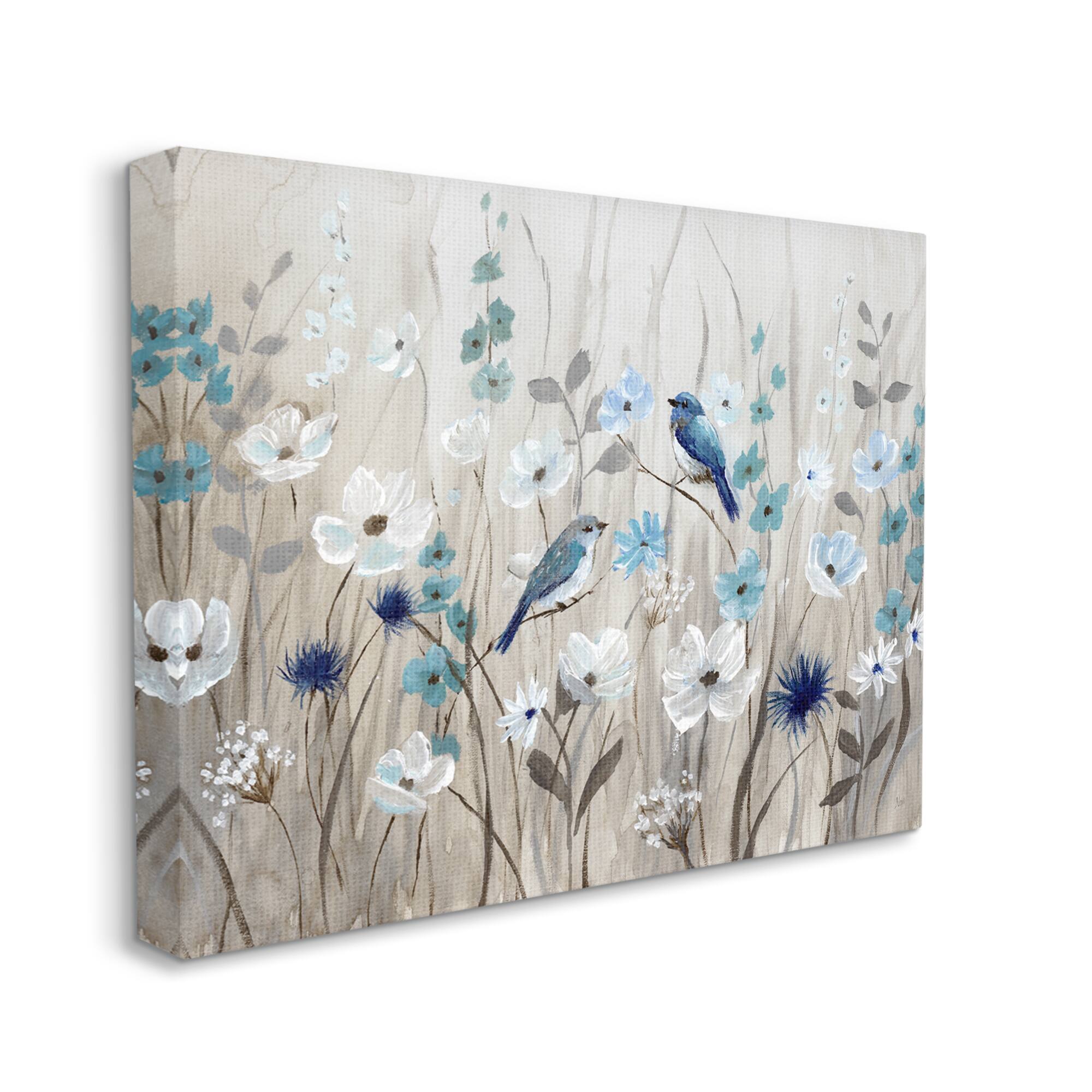 Stupell Industries Birds Floral Meadow Blue White Blossoms Canvas Wall Art