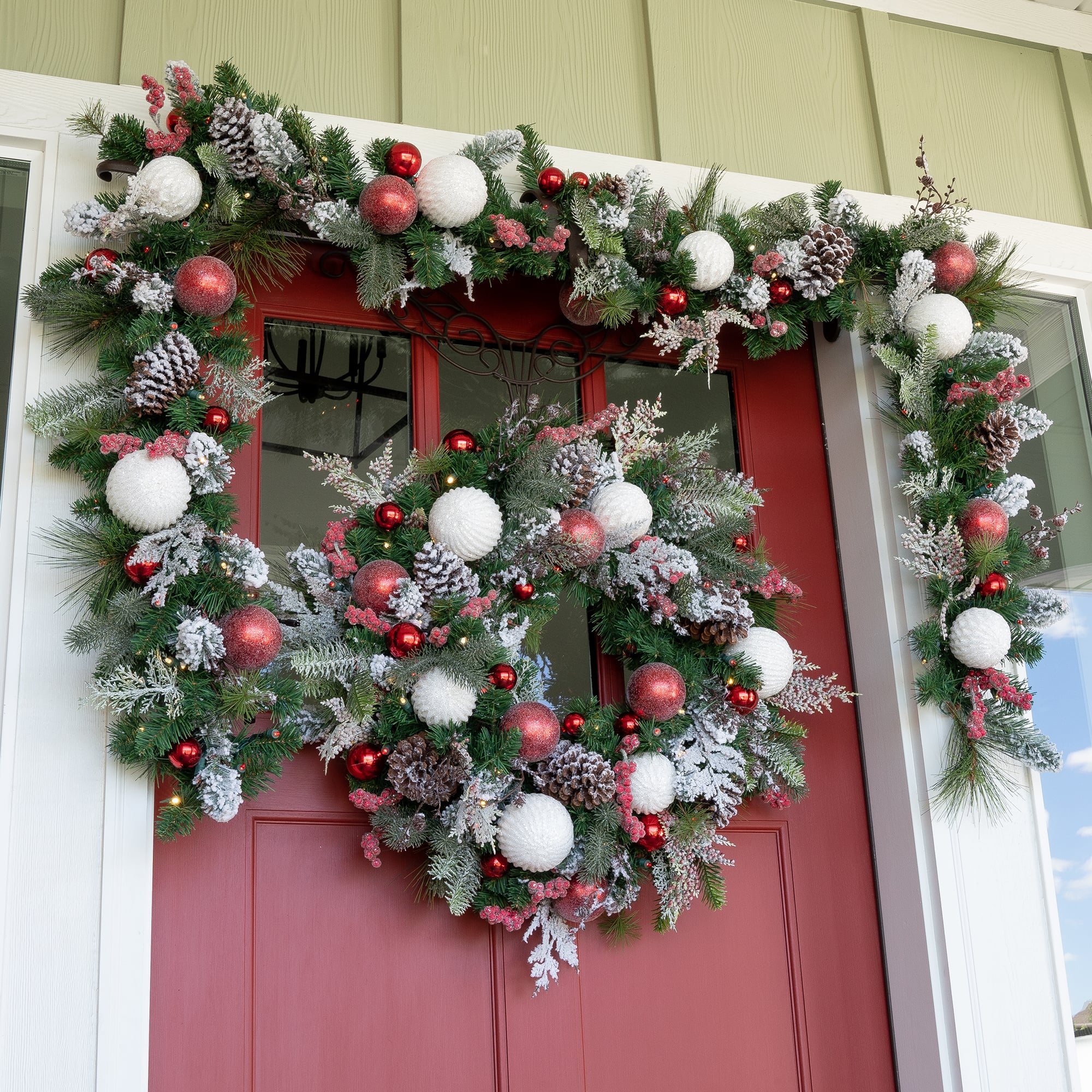 Village Lighting 30&#x22; Pre-Lit Frosted Wonderland Christmas Wreath, Red &#x26; Clear LED Lights