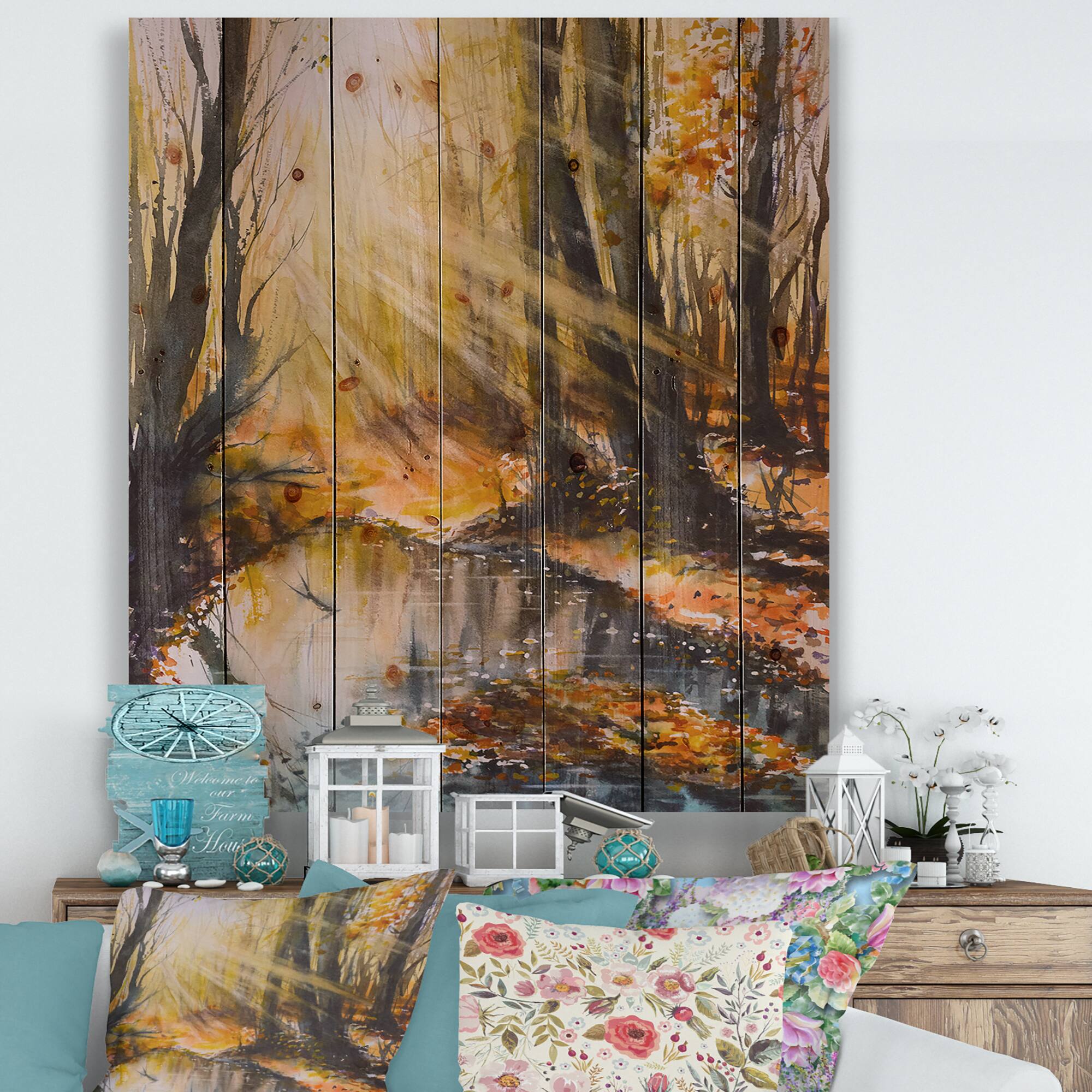 Designart - Bright Sunshine Through The Forest Trees III - Lake House Print on Natural Pine Wood