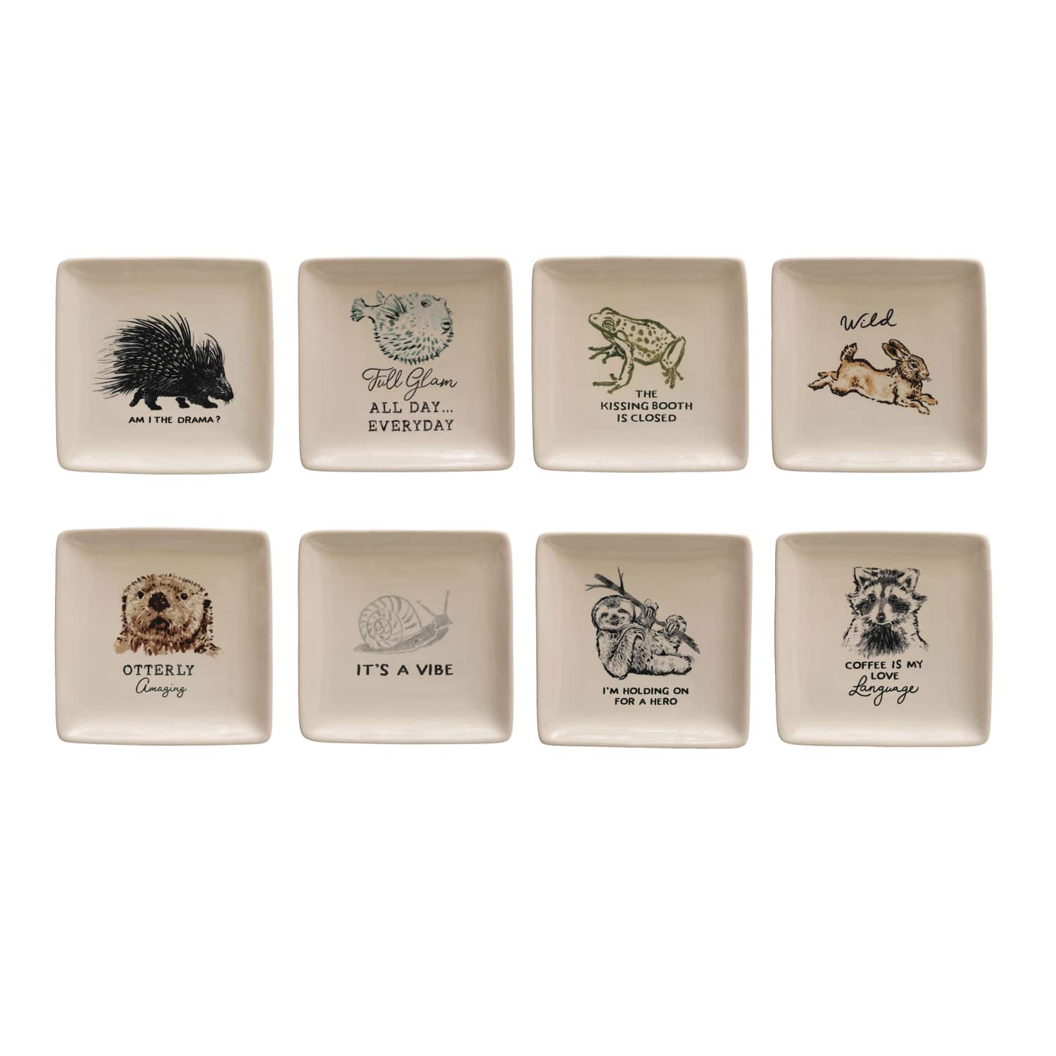 5&#x22; Square Stoneware Dish Set with Animal &#x26; Text Prints