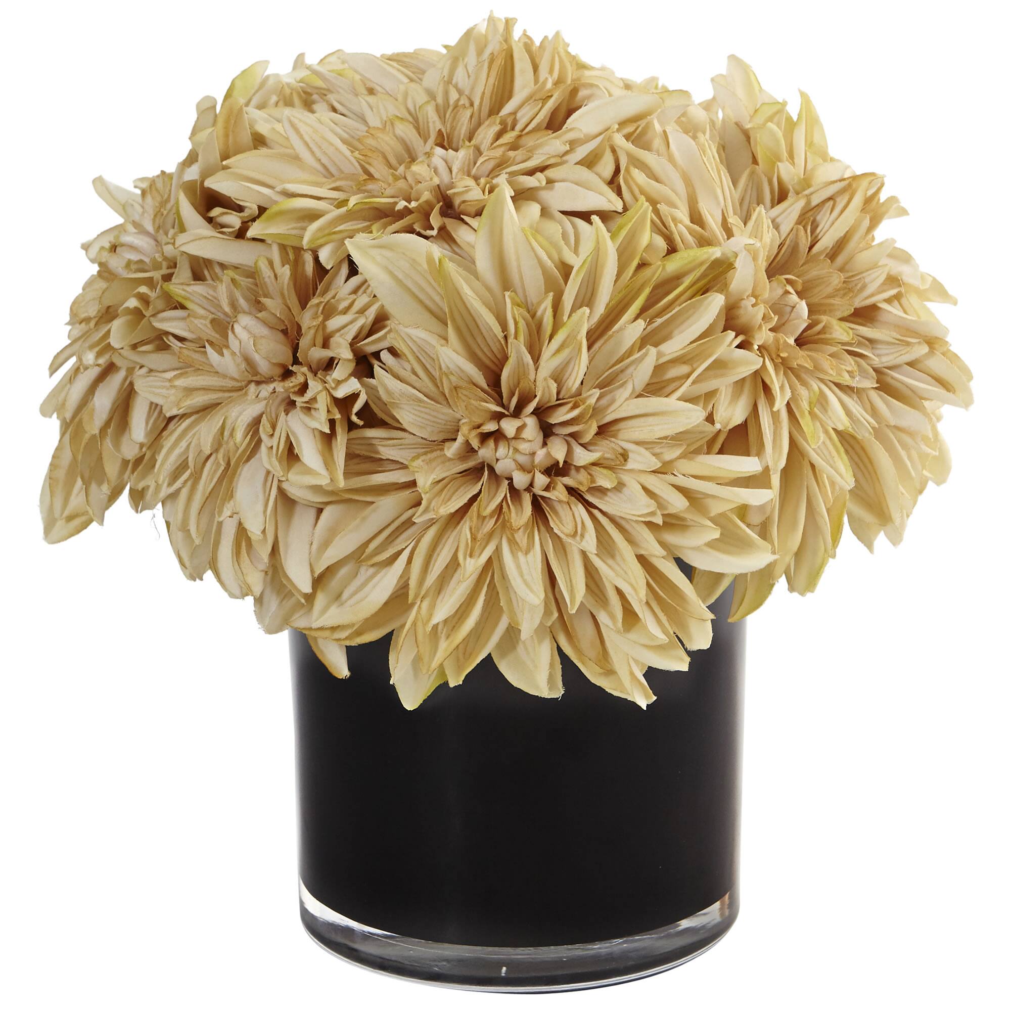 11" Cream Dahlia & Mum Silk Arrangement in Black Glossy Cylinder Vase
