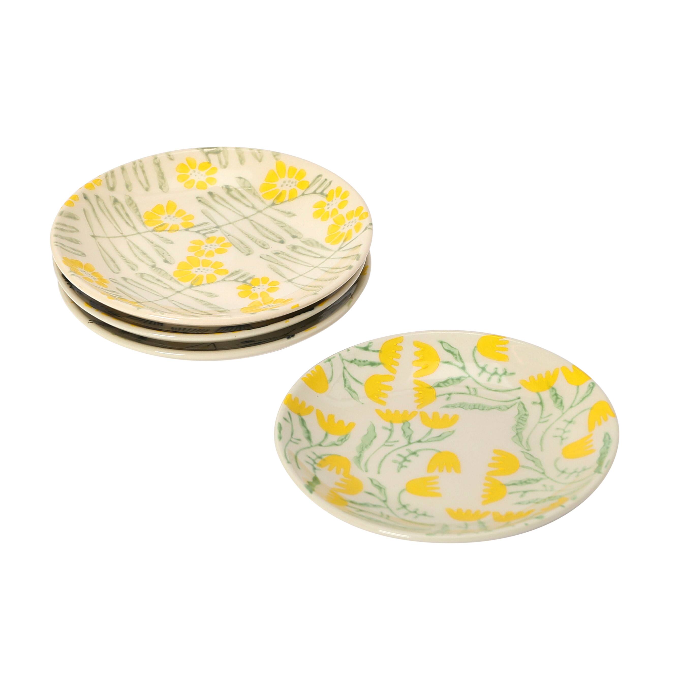 Hello Honey&#xAE; Flower Design Hand Stamped Stoneware Plate Set