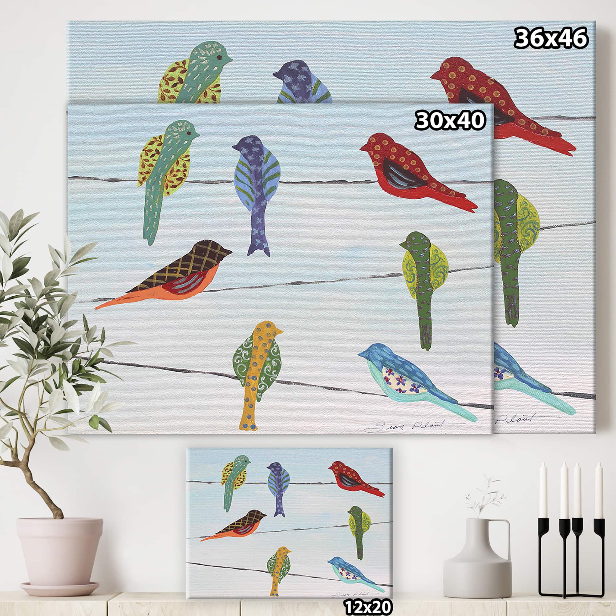 Designart - Lovely Colorful Birds On Wires 2 - Cottage Canvas Wall Art