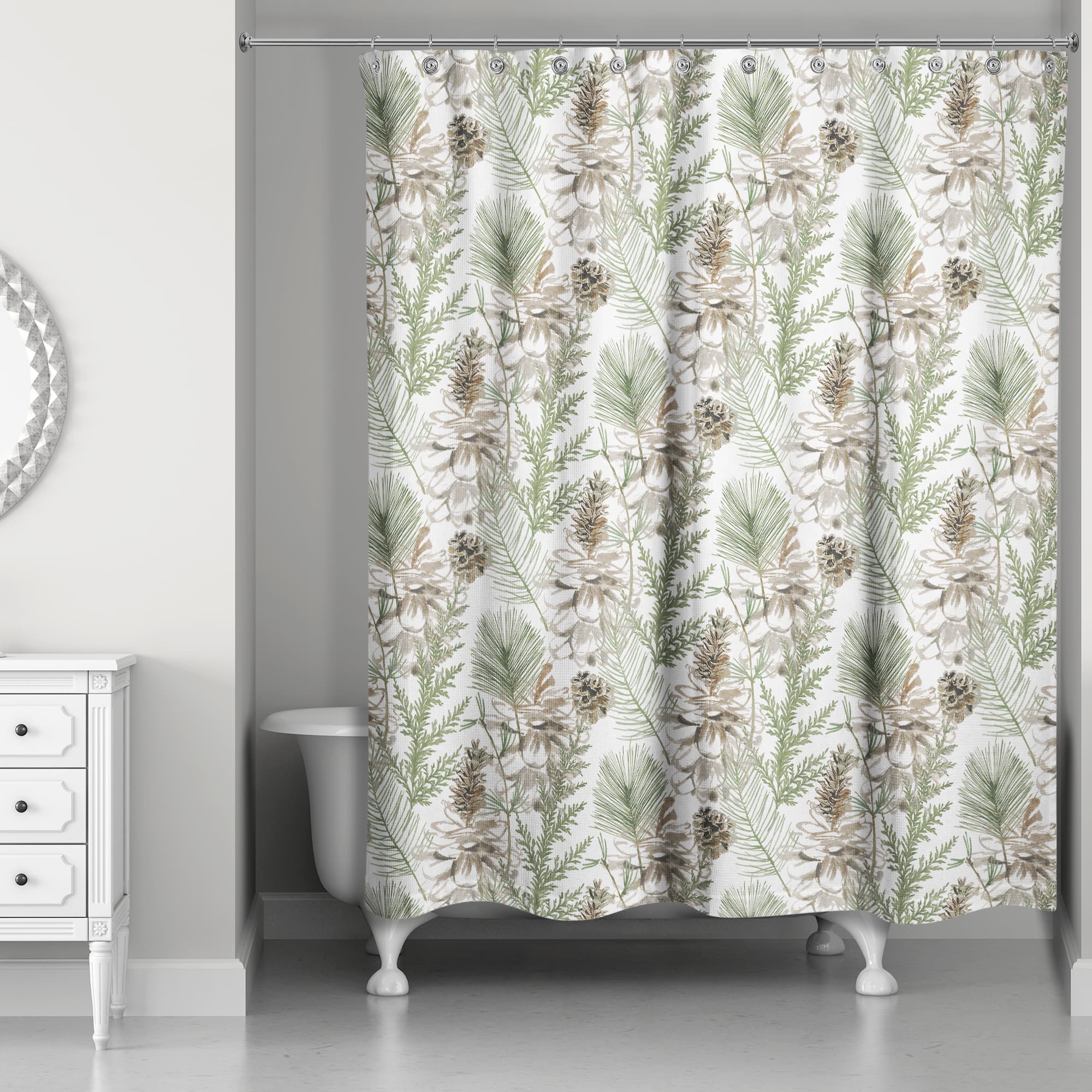 Pinecones & Greenery on White Shower Curtain