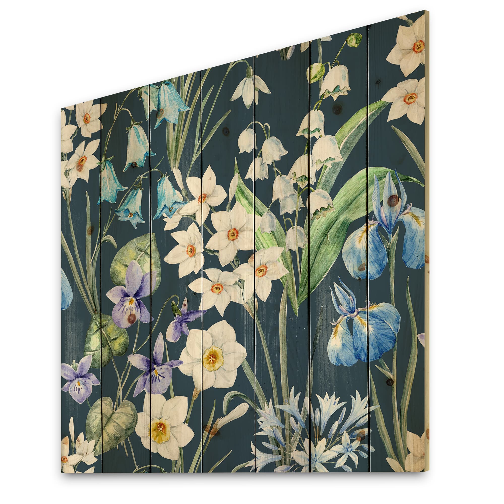 Designart - White and Blue Spring Flowers On Dark Blue - Traditional Print on Natural Pine Wood