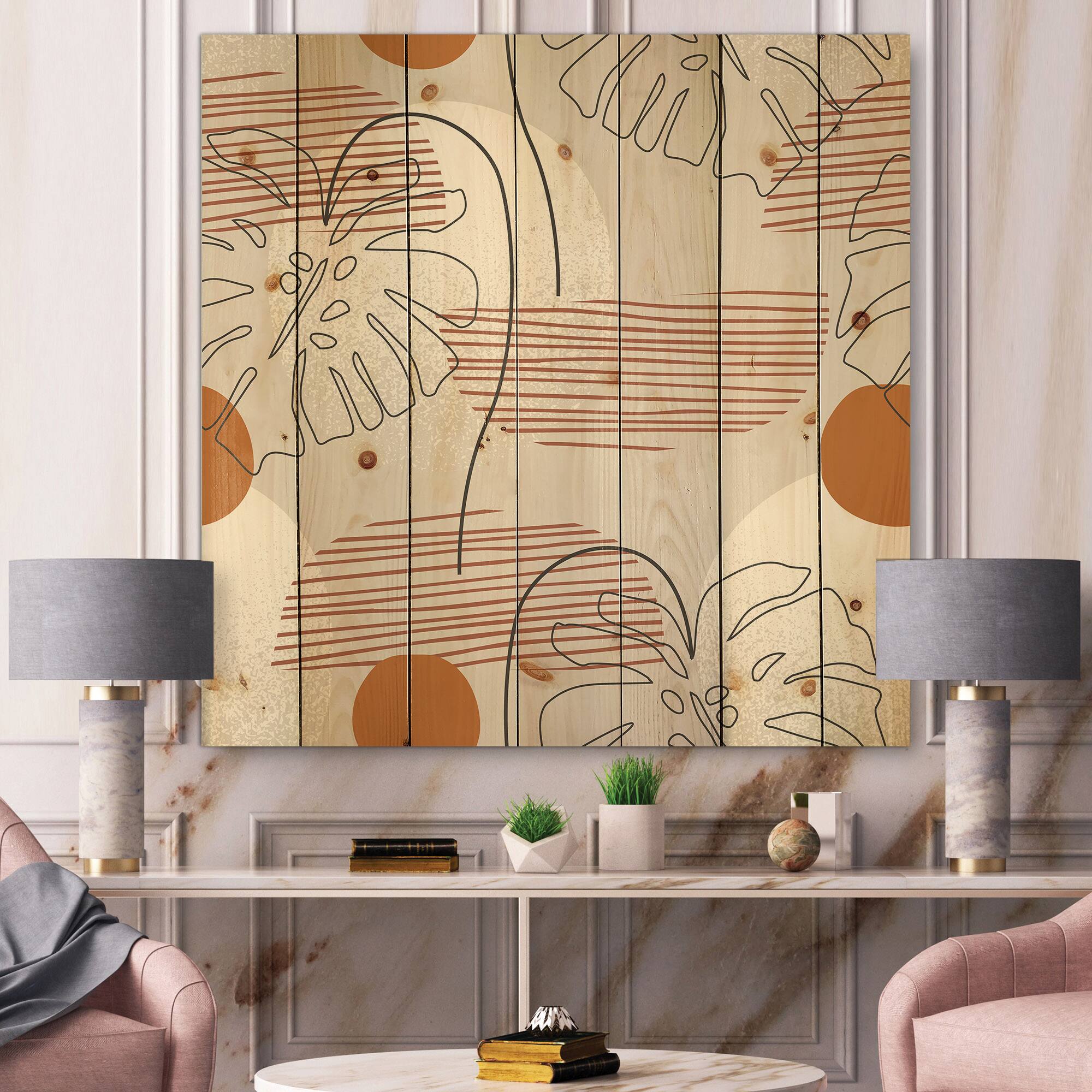 Designart - One Line Art Shapes &#x26; Abstract Monstera Leaf - Modern Print on Natural Pine Wood