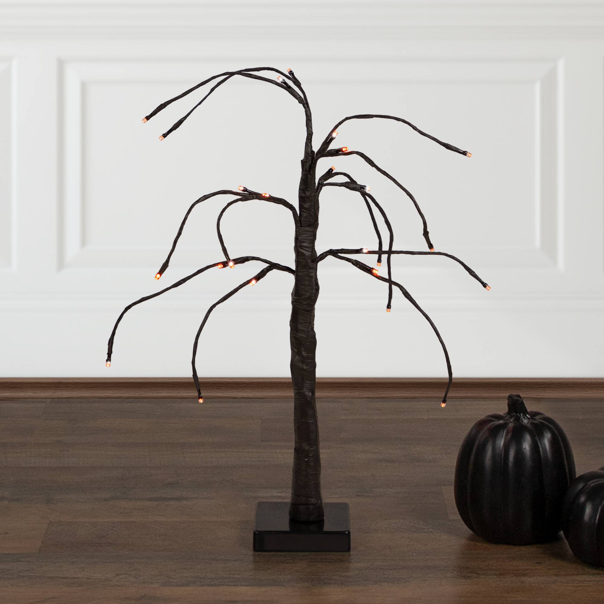 24" LED Lighted Black Weeping Halloween Twig Tree, Orange Lights
