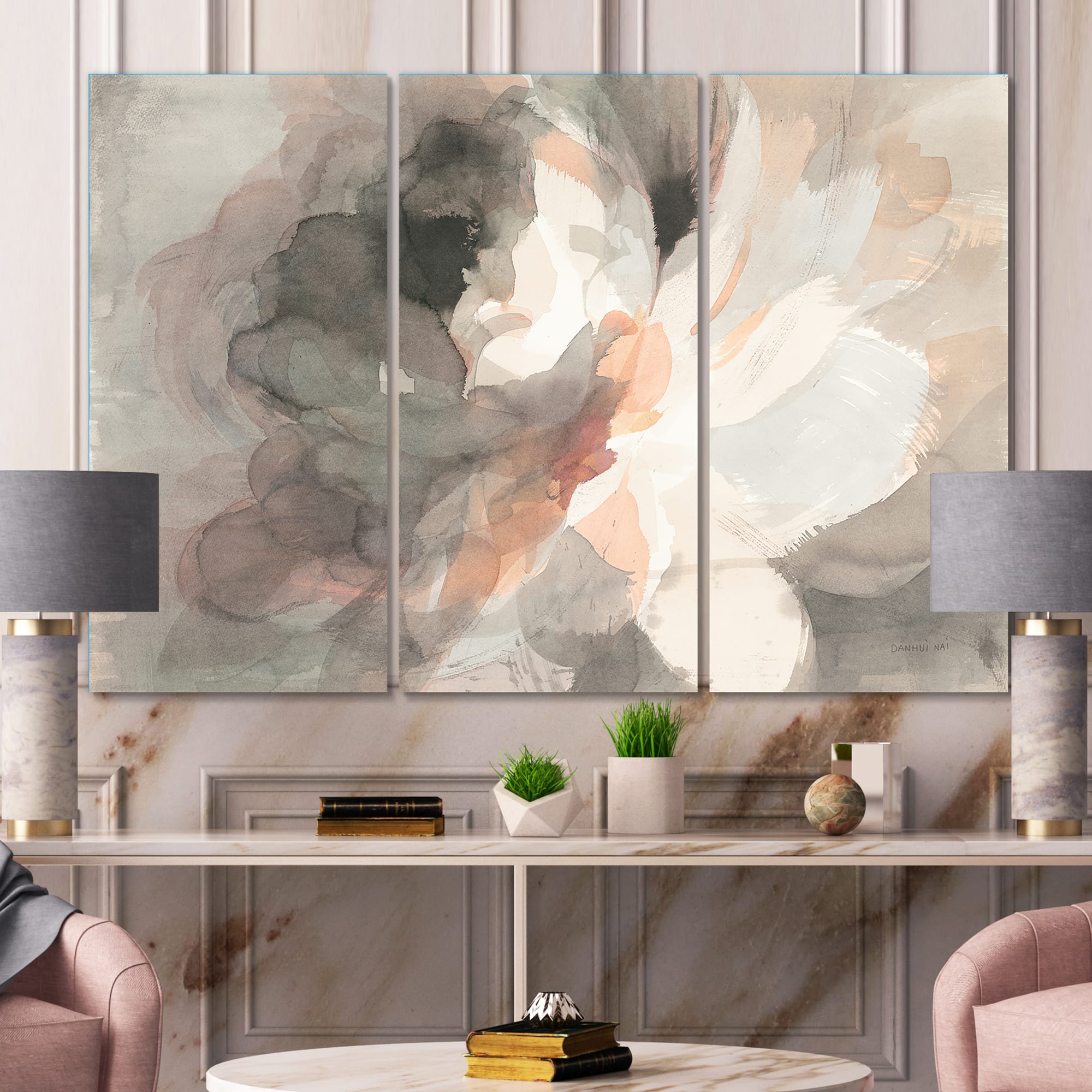 Designart - Abstract Peony Grey - Pink Modern Gallery-wrapped Canvas