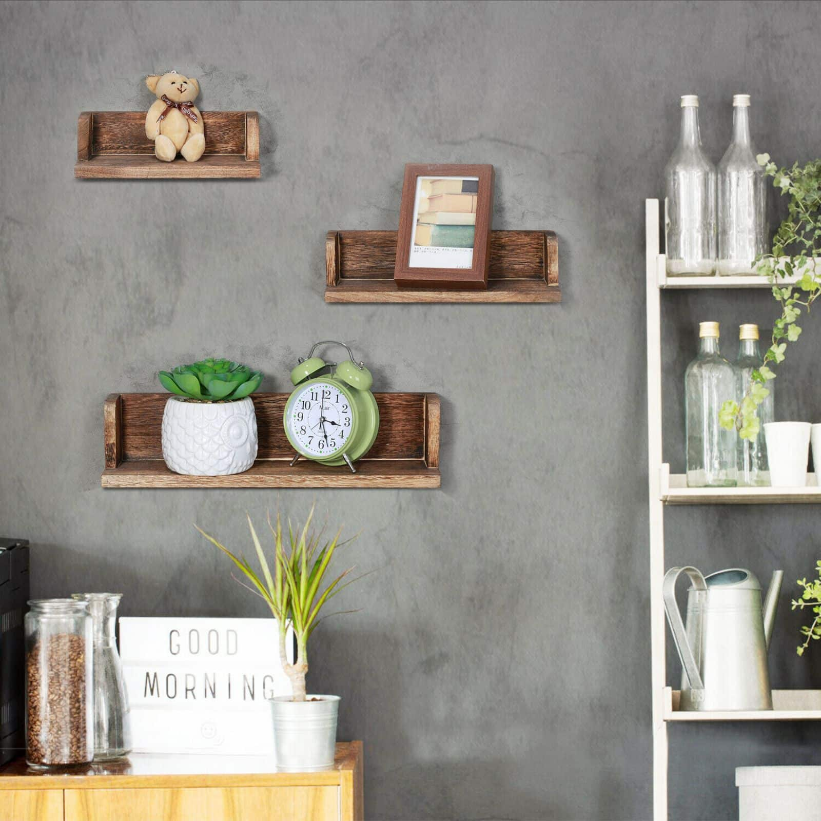 NEX&#x2122; Walnut Wall-Mounted Wooden Floating Shelves Set