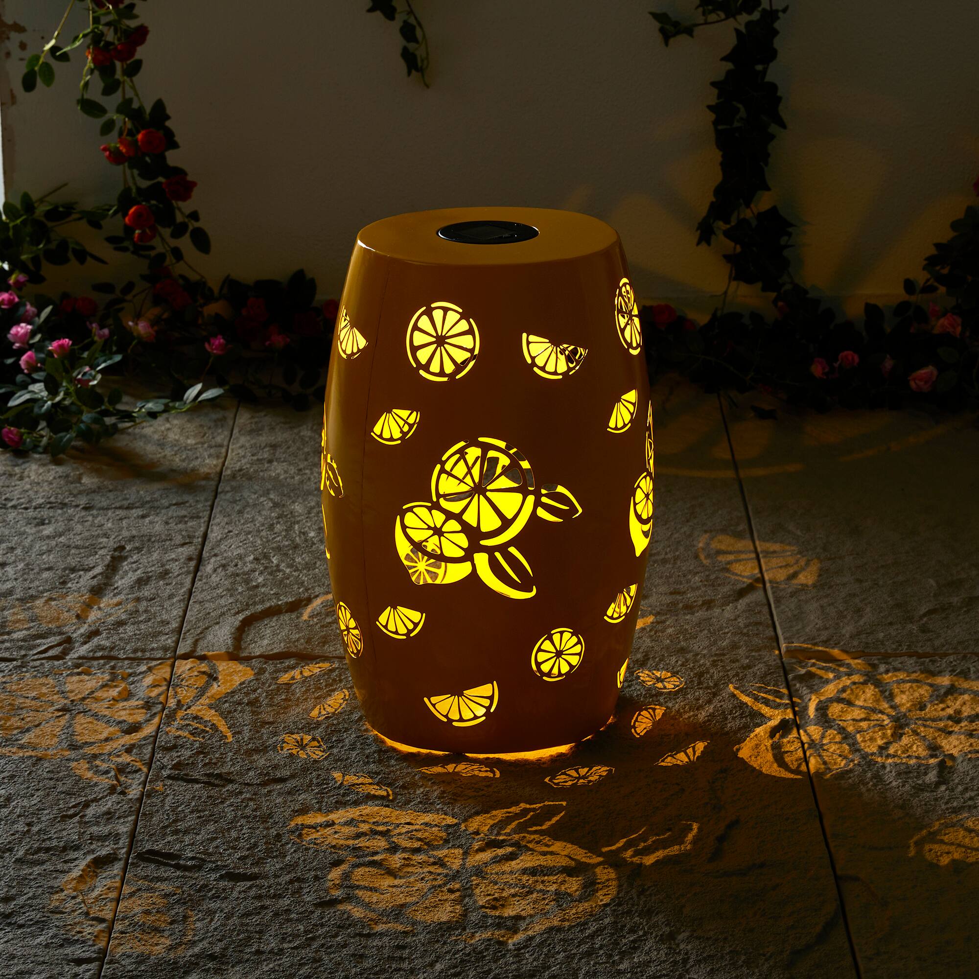 Glitzhome® 18.5" Yellow Iron Cutout Lemon Pattern Solar LED Garden Stool