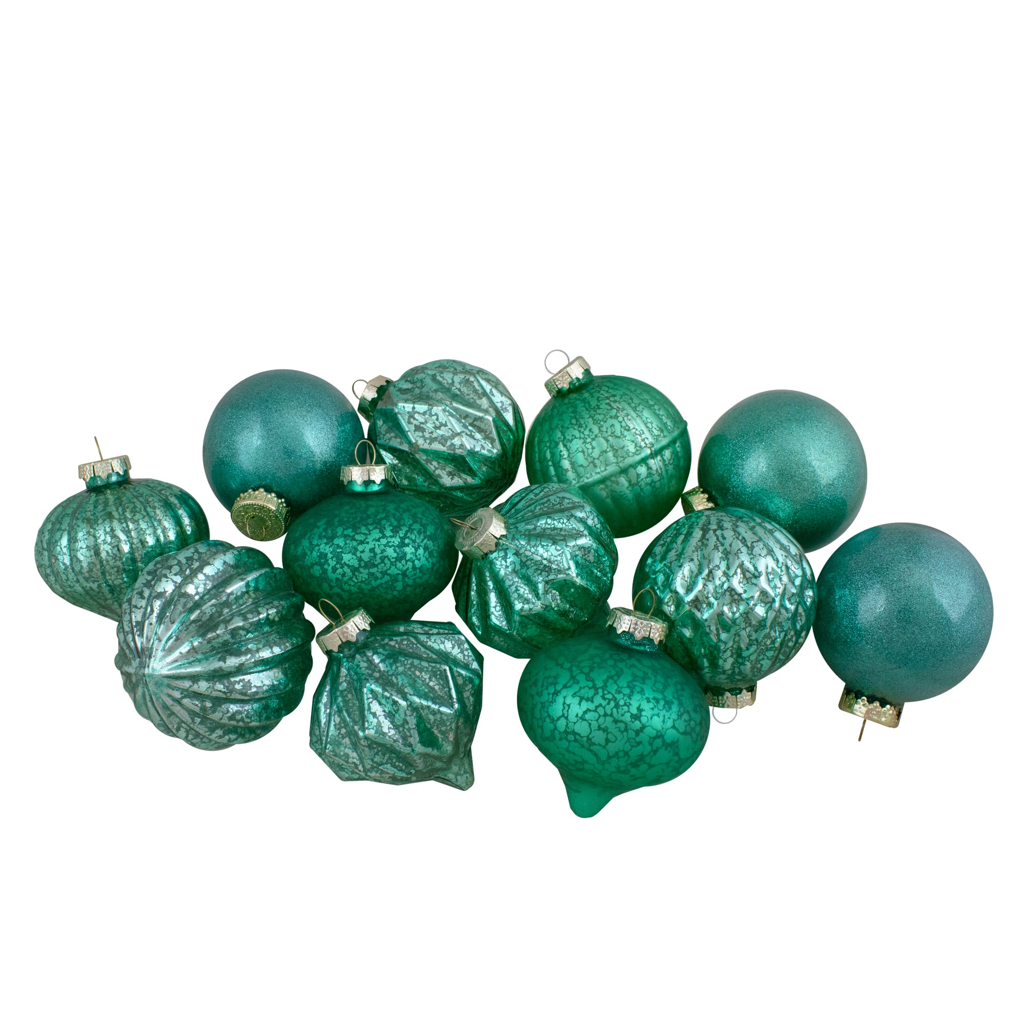 12ct. 3&#x22; Glitter &#x26; Matte Green Finial &#x26; Glass Ball Christmas Ornaments