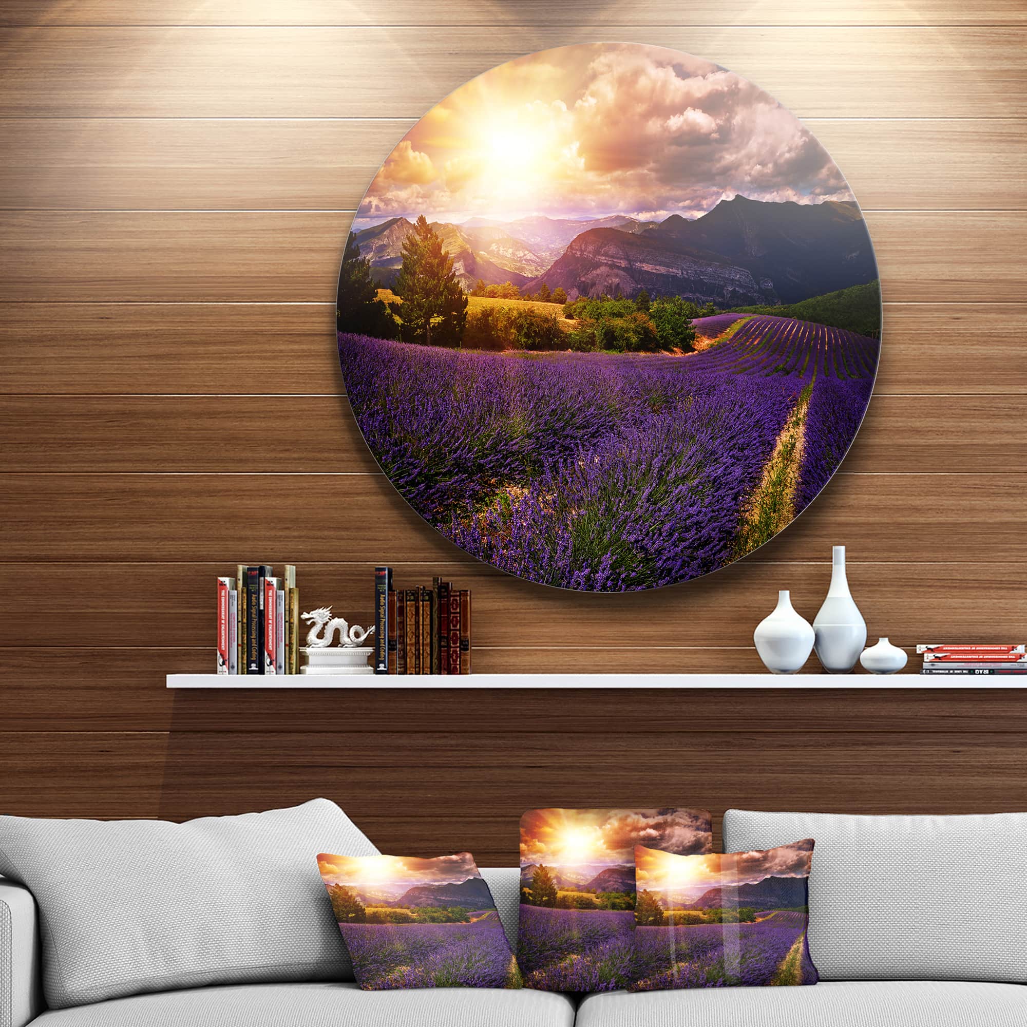 Designart - Beautiful Sunset over Lavender Field' Floral Metal Circle Wall Art