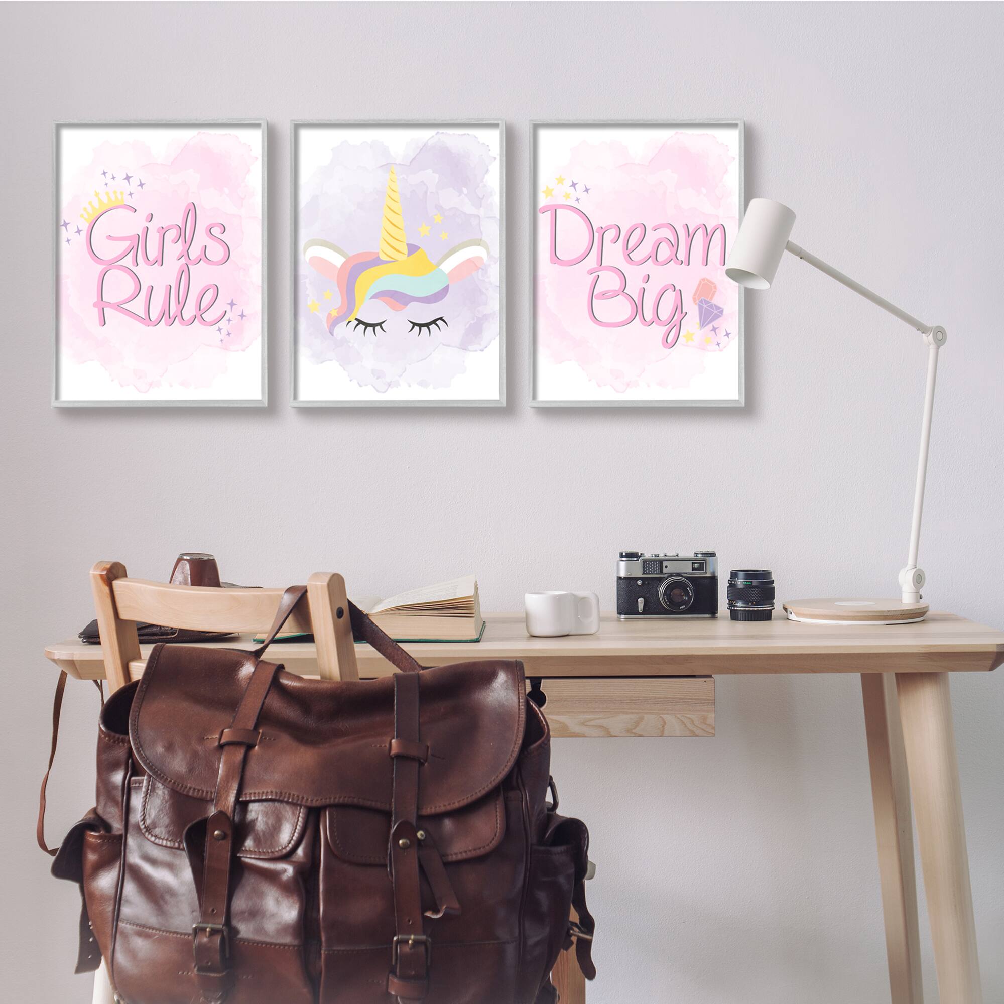 Stupell Industries Girls Rule Dream Big Star Crown Unicorn Framed Wall Art