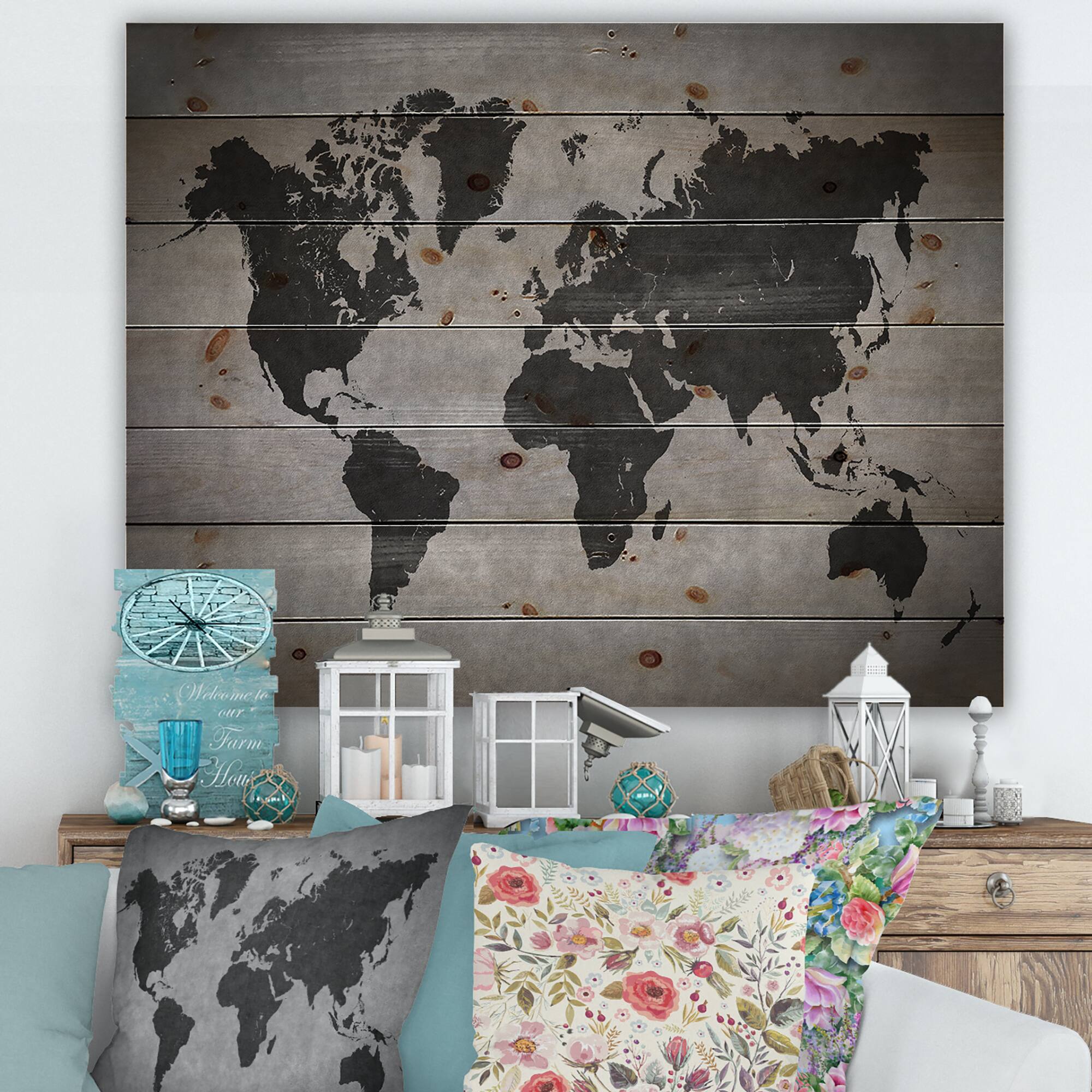 Designart - Ancient Map of The World IX - Vintage Print on Natural Pine Wood