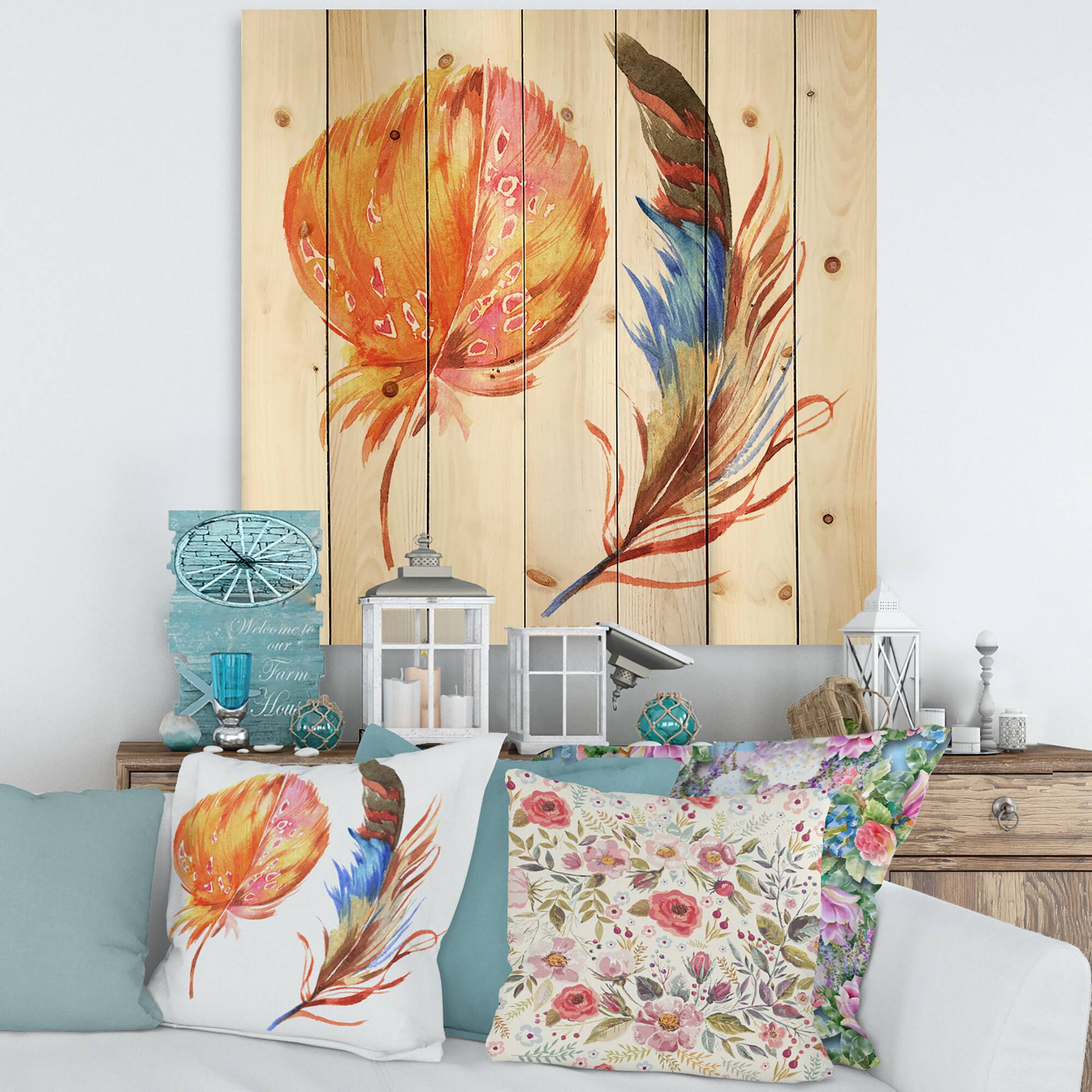 Designart - Ethnic Brown Feather From Wing I - Bohemian & Eclectic Print on Natural Pine Wood
